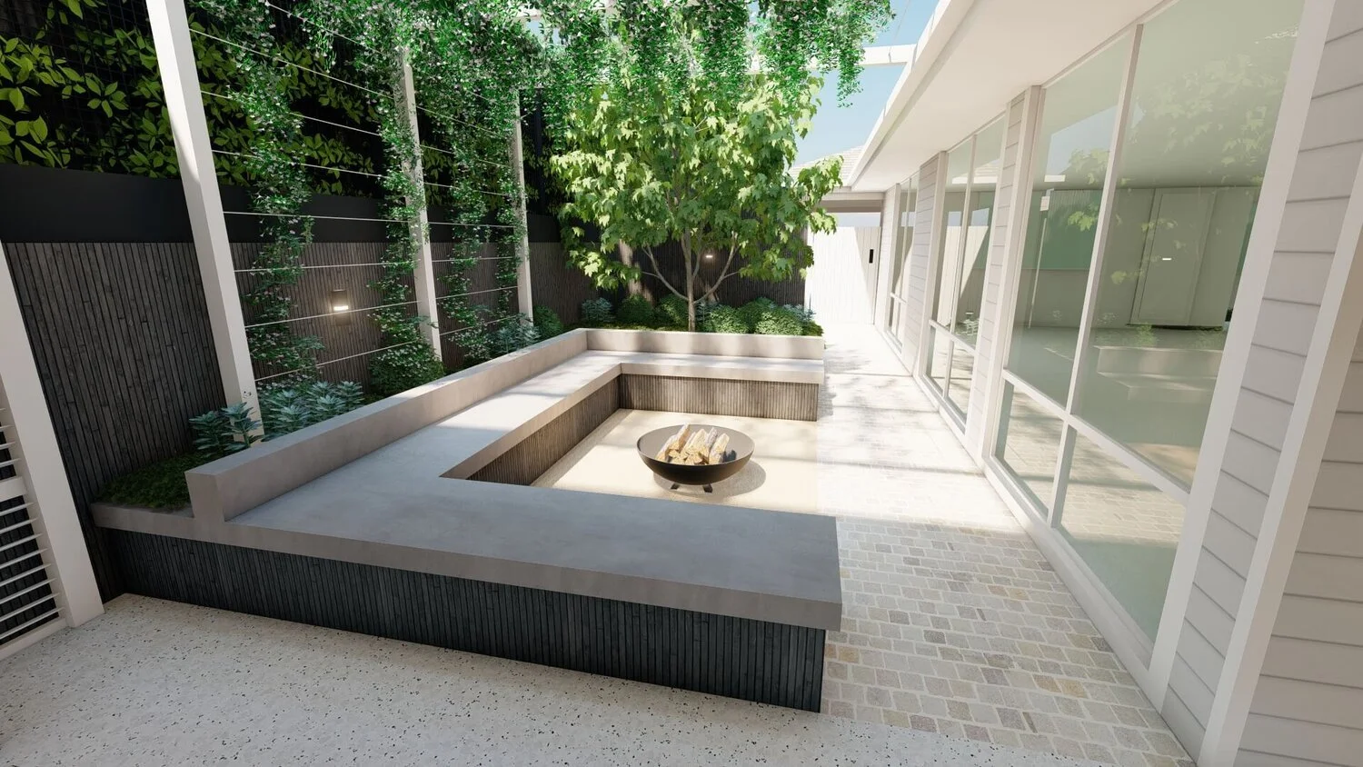 Modern patio with built-in seating, fire pit, greenery, and large glass windows.