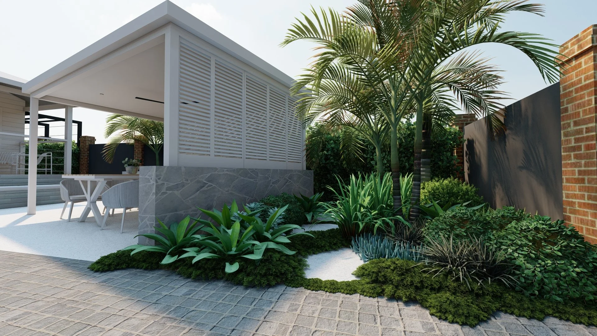 Modern outdoor patio with dining area, surrounded by tropical plants and palm trees, featuring a white pergola and brick wall.