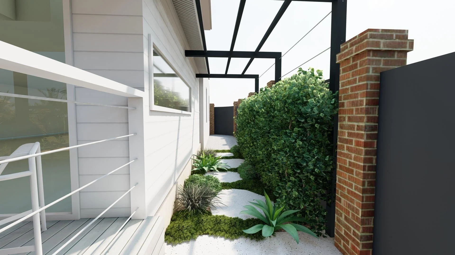 Bluestone steppers and a steel frame pergola