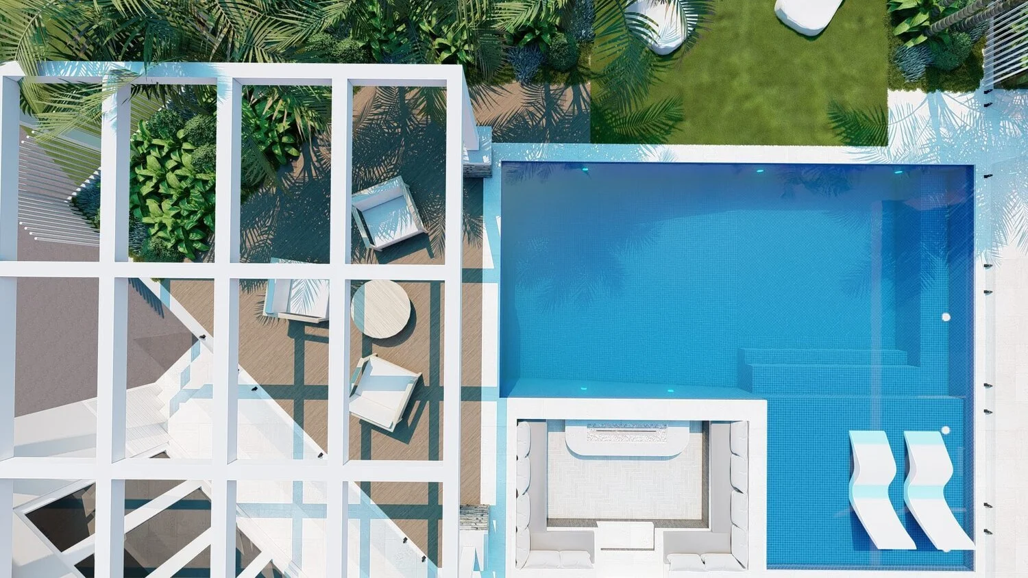 Aerial view of a swimming pool with a deck area and lounge chairs, surrounded by greenery and modern white structures.