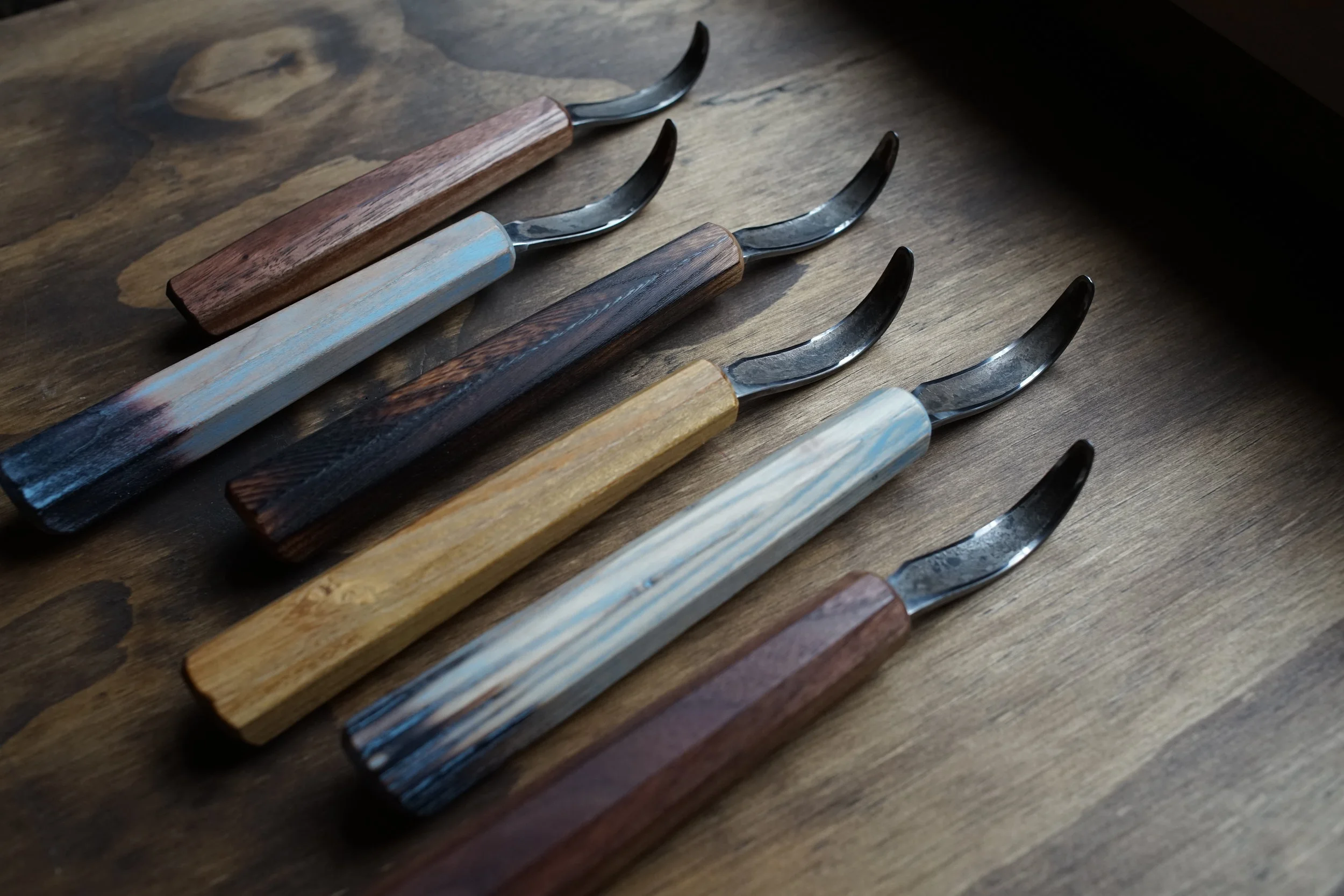 Walnut, Blue Paint/Torched Cherry, Torched Elm, Black Locust, Blue Paint/Torched Ash, Walnut