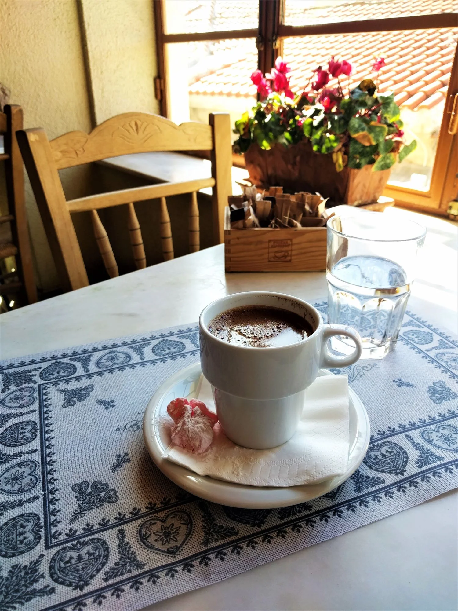 The traditional Greek coffee, served with cold water and a delicious loukoumi . Source: Truevoyagers