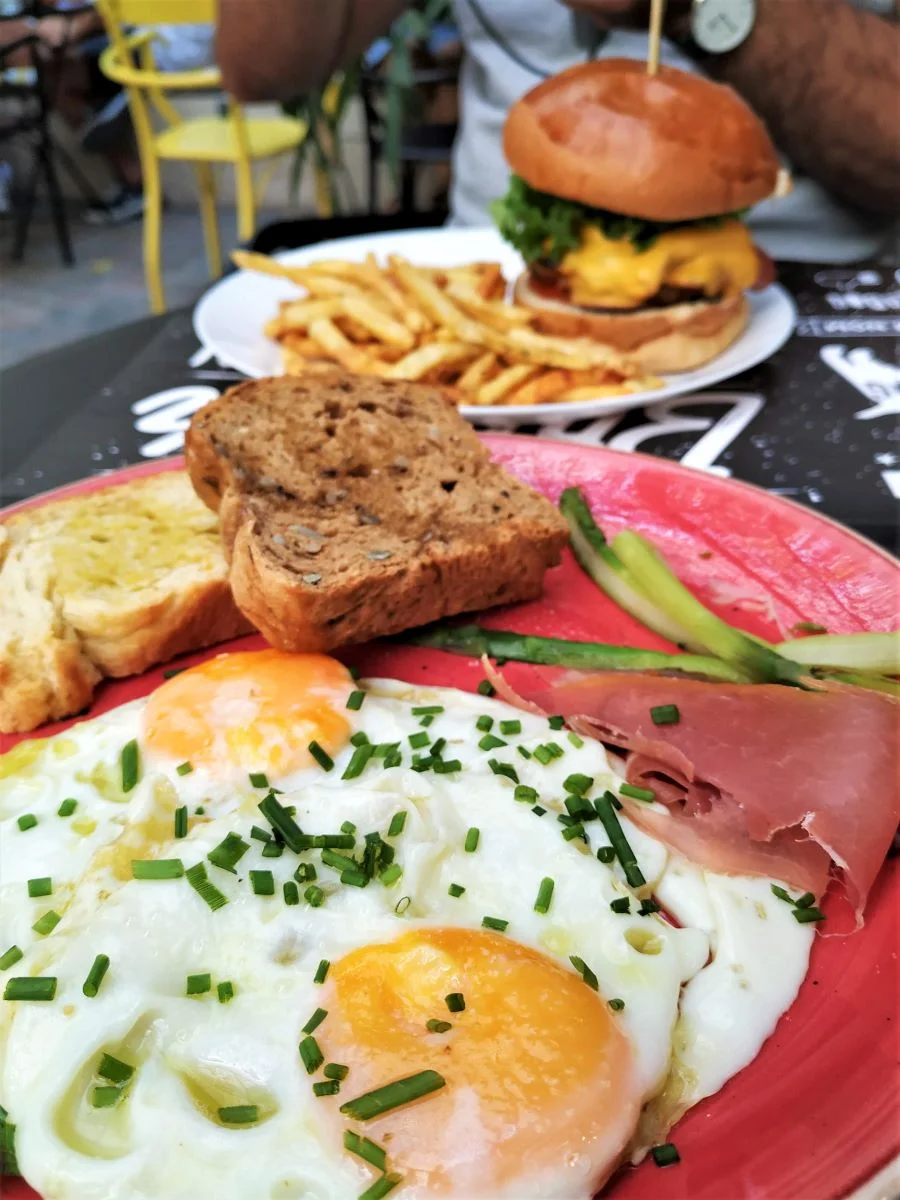 Sunny side up eggs with prosciutto at the Underdog in Thissio neighborhood of Athens.