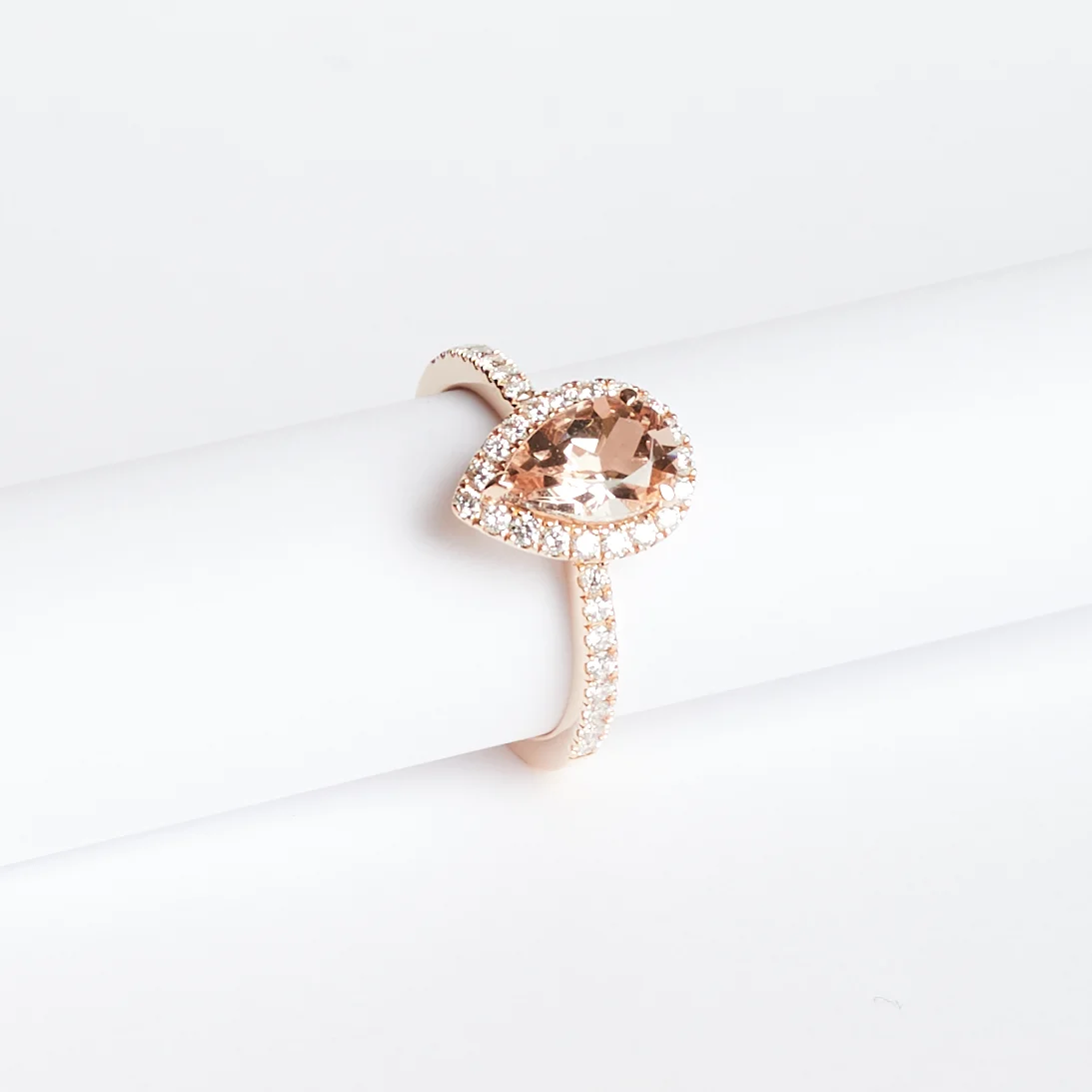 18ct Rose Gold Pear Halo Morgonite Stone
