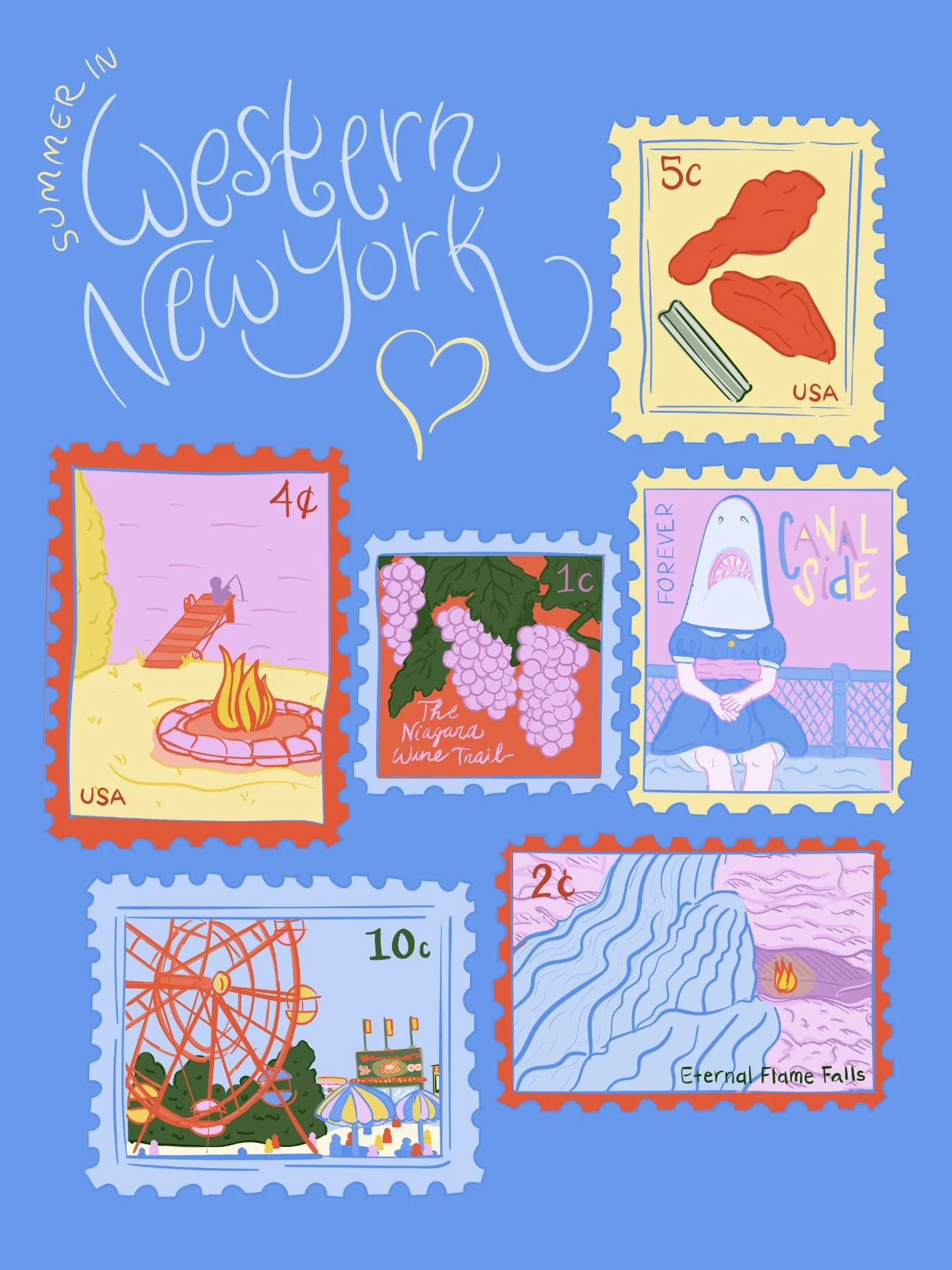 Summer, sketched one region at a time 🍇🔥

Summer in WNY kicks off with the Buffalo Wing Festival (hence the postage stamp), followed by the Erie County Fair &mdash; Ferris wheel, midway, and all. Add the Niagara Wine Trail for an afternoon, a hike 