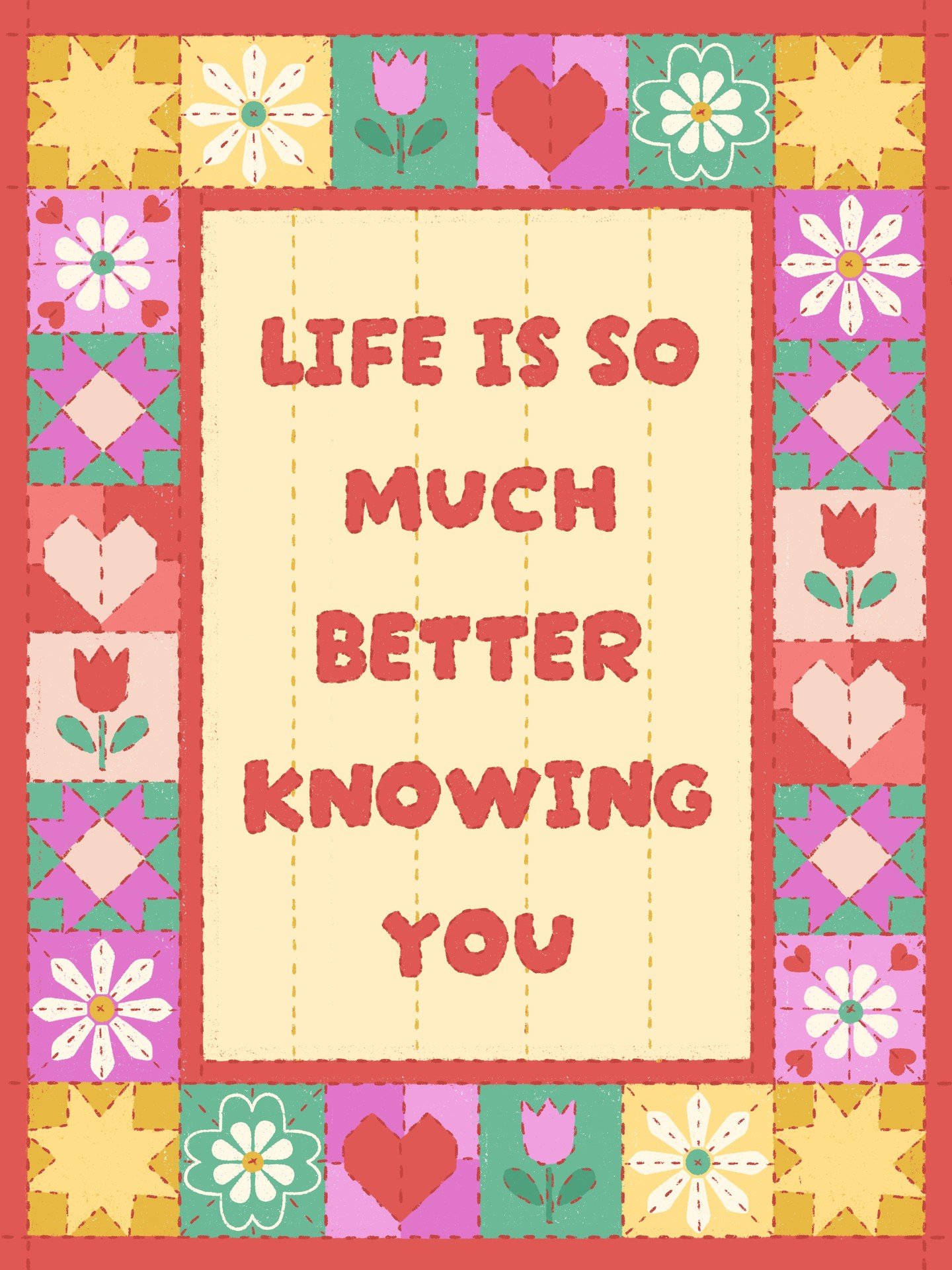 Life is so much better knowing you. 🧵❤️

Stitched together like an old family quilt &mdash; soft, cozy, exactly the vibe.

Art by @thekaitthomas

#PapercutCollective #EverydayLove #NoAIArt #WomenWhoDraw #IllustratorsOfInstagram