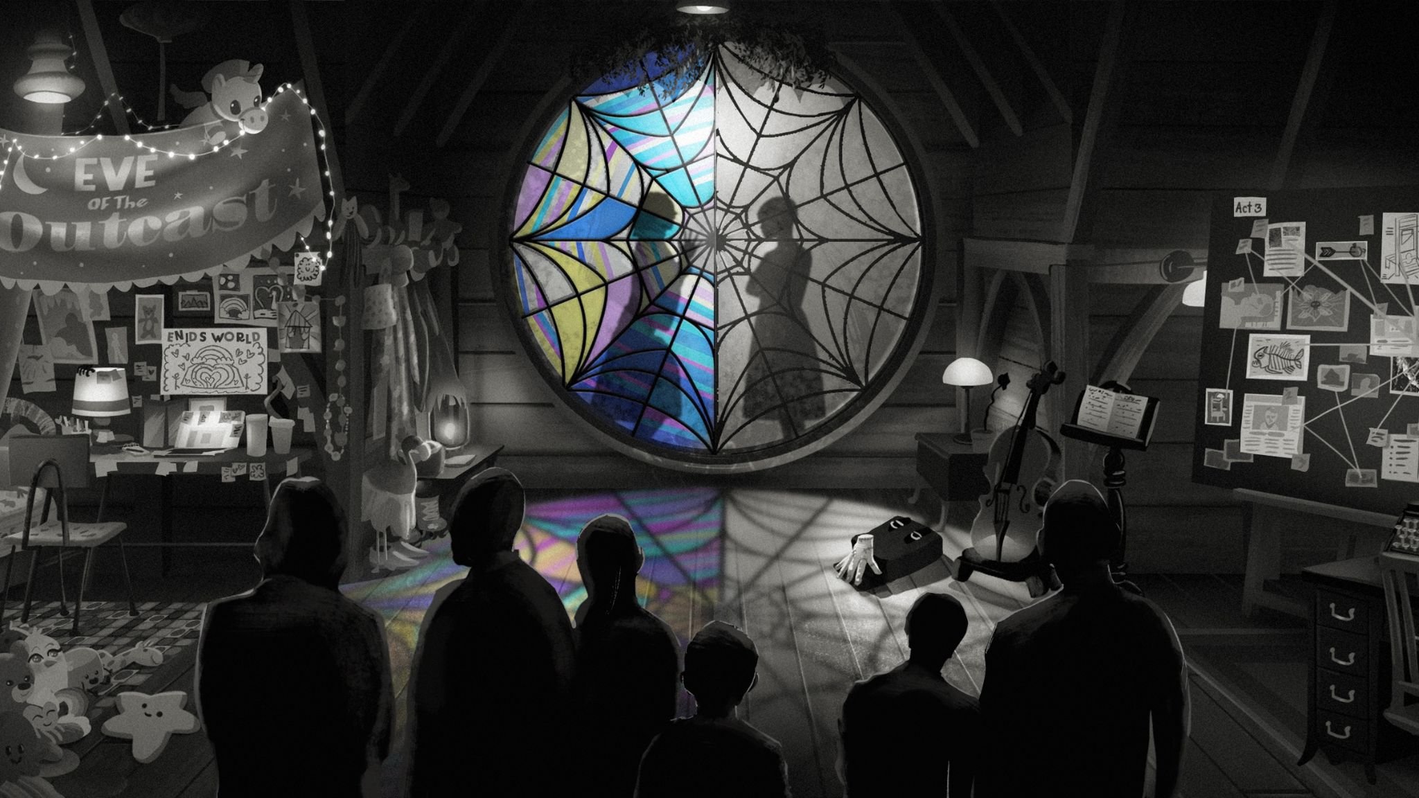 A group of people standing and sitting in a room with a large circular stained glass window resembling a spider web, colorful stained glass sections, and silhouettes of two individuals in front of it. The room has various decorations, a desk with boo