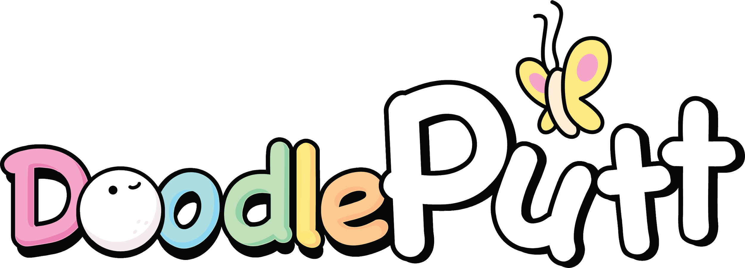 Colorful cartoon text reading 'Doodle Party' with a butterfly illustration and playful font.
