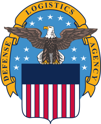 Logo of the Defense Logistics Agency featuring an eagle with outstretched wings, a shield with red and white stripes, and a blue background with stars, and a gold banner with the words 'Logistics Defense Agency'.