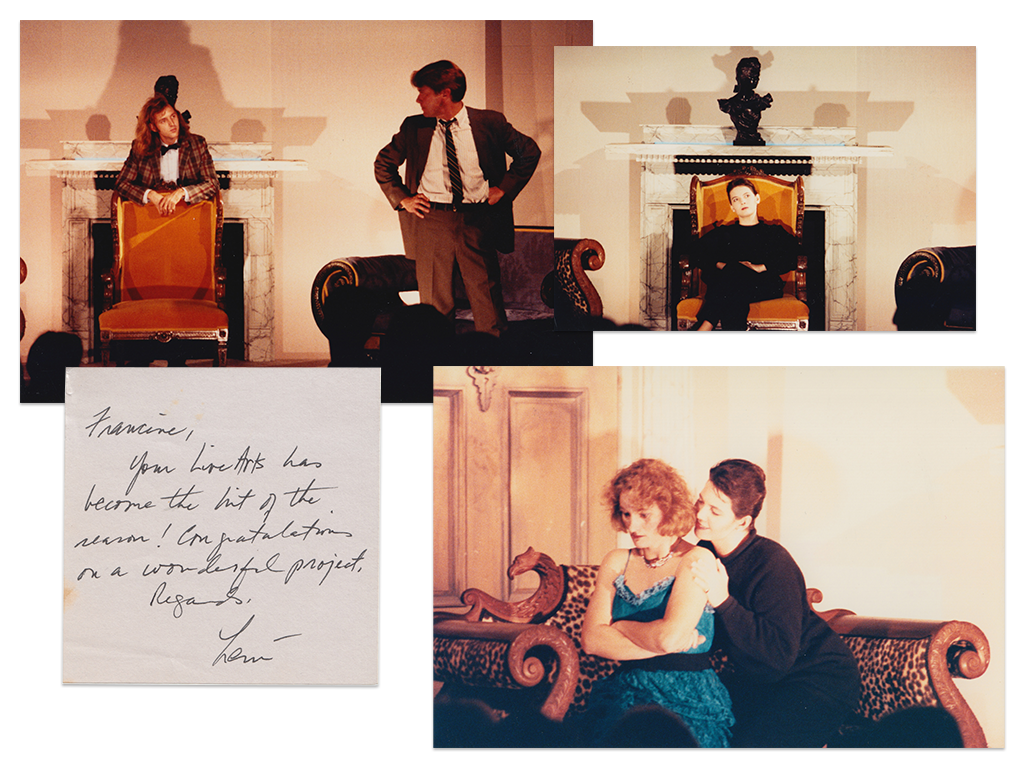 Production photos and an early post-it note review of Live Arts' first-ever production, No Exit , in 1990.