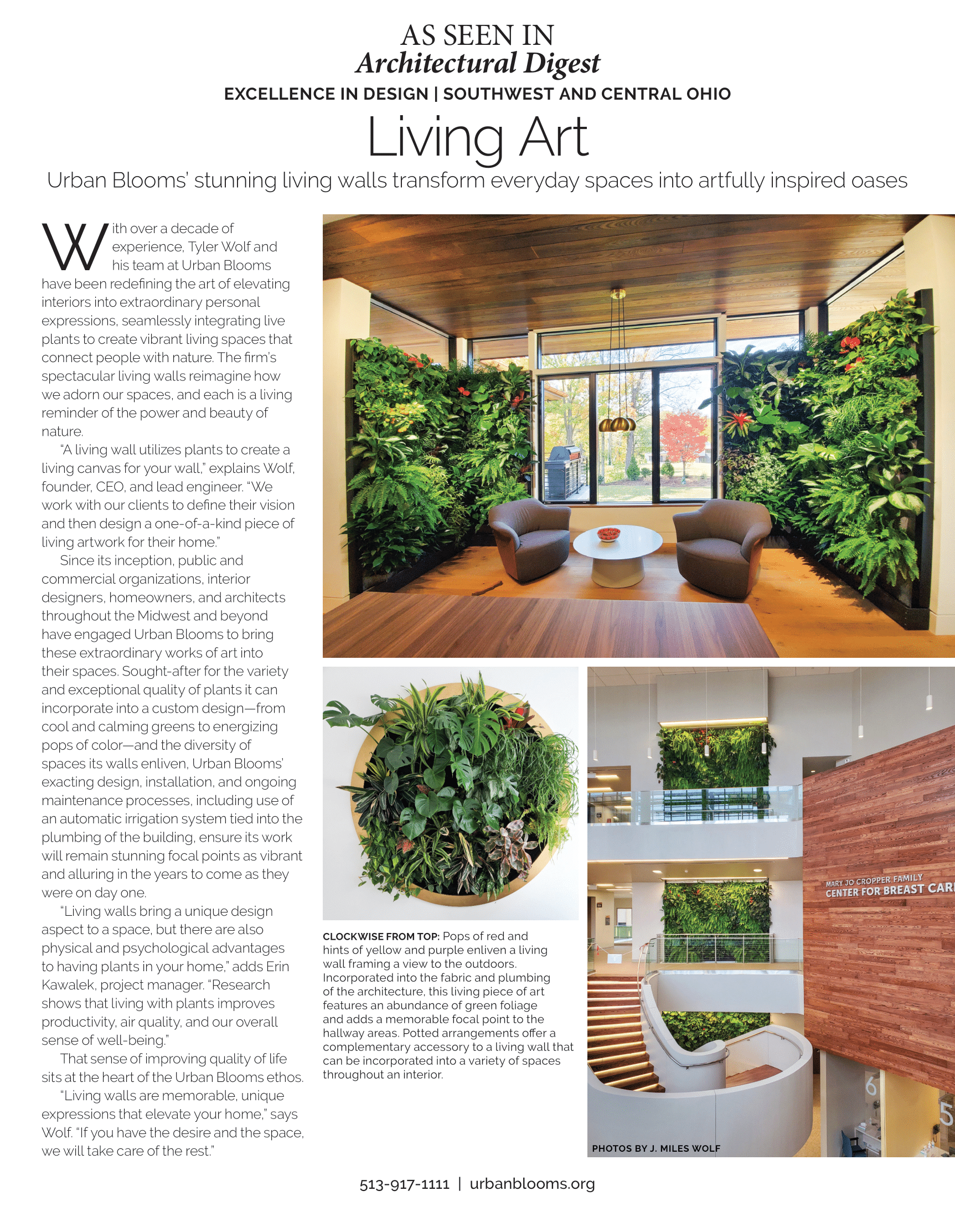 Architectural Digest Magazine article showcasing interior spaces with living walls, featuring a living room with green wall plants, a close-up of lush green plants in a circular pot, and a view of an interior staircase with green wall accents.