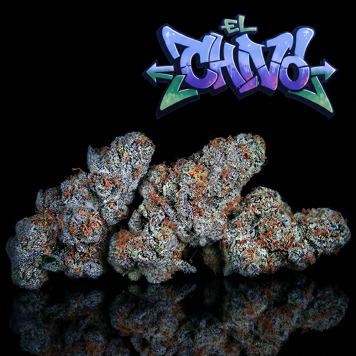 Close-up of colorful cannabis buds with a graffiti-style logo reading "El Chivo" above them on a black background.