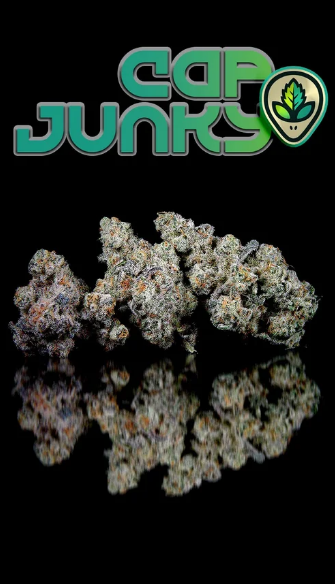 Close-up of cannabis buds with a logo that says 'CALI JUNKY' and a cannabis leaf icon in a circle on a reflective surface.