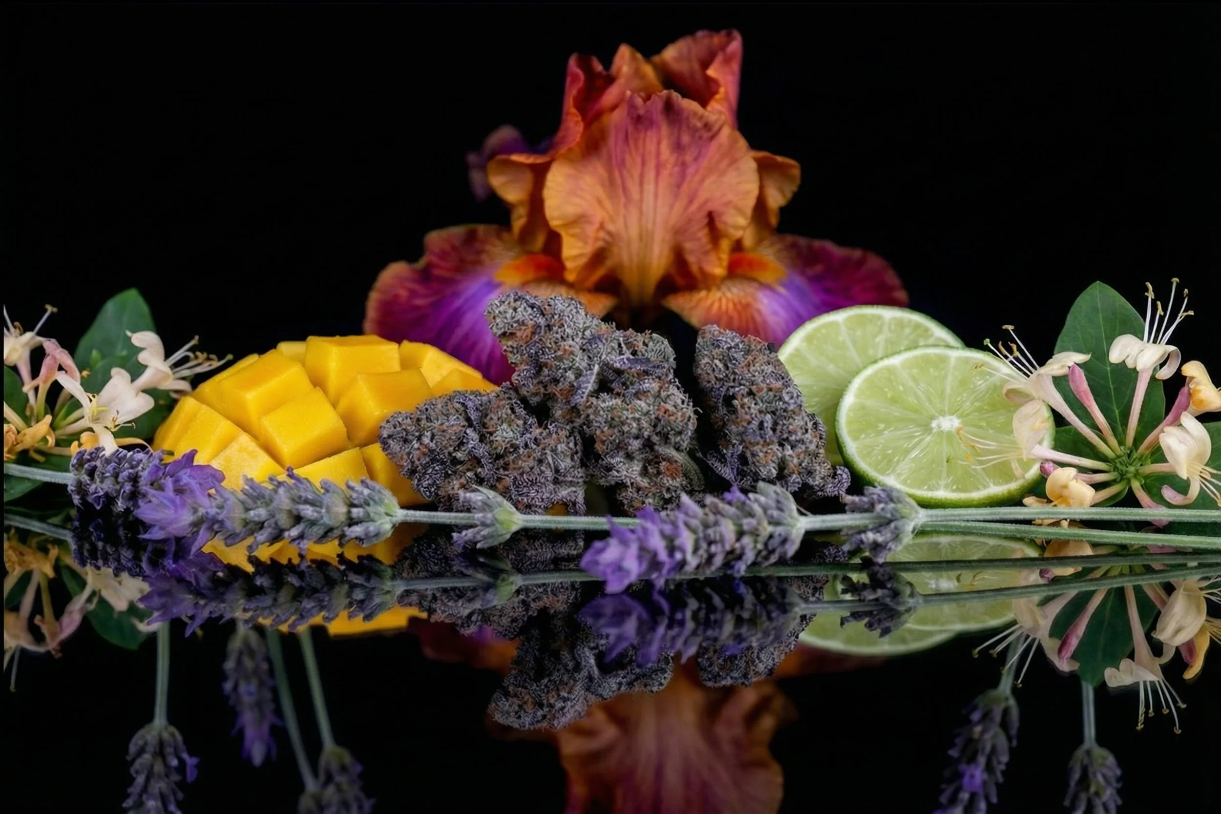Lavender, mango, lime slices, orchid flowers, cannabis buds, and an iris flower arranged with reflection on a black mirror surface.