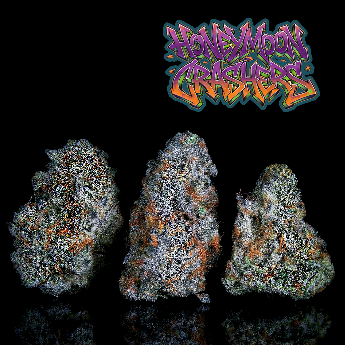 Three cannabis buds with a colorful graffiti style 'Honeymoon Crashes' logo above them on a black background.