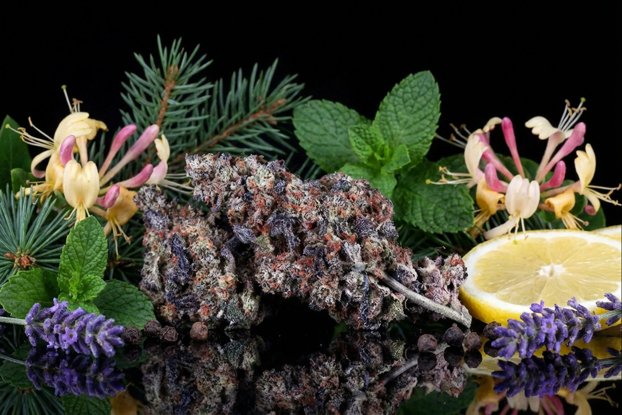 A close-up of a cannabis bud, surrounded by sprigs of pine, fresh mint leaves, lavender flowers, pink and white honeysuckle flowers, and a sliced lemon, against a black background.
