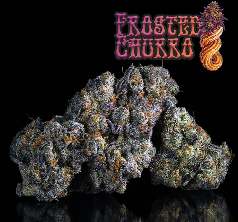 Close-up of three large cannabis buds on a black background with a colorful logo that reads "Frosted Chokka" in stylized pink and purple text and a decorative pink and orange swirl at the top right.