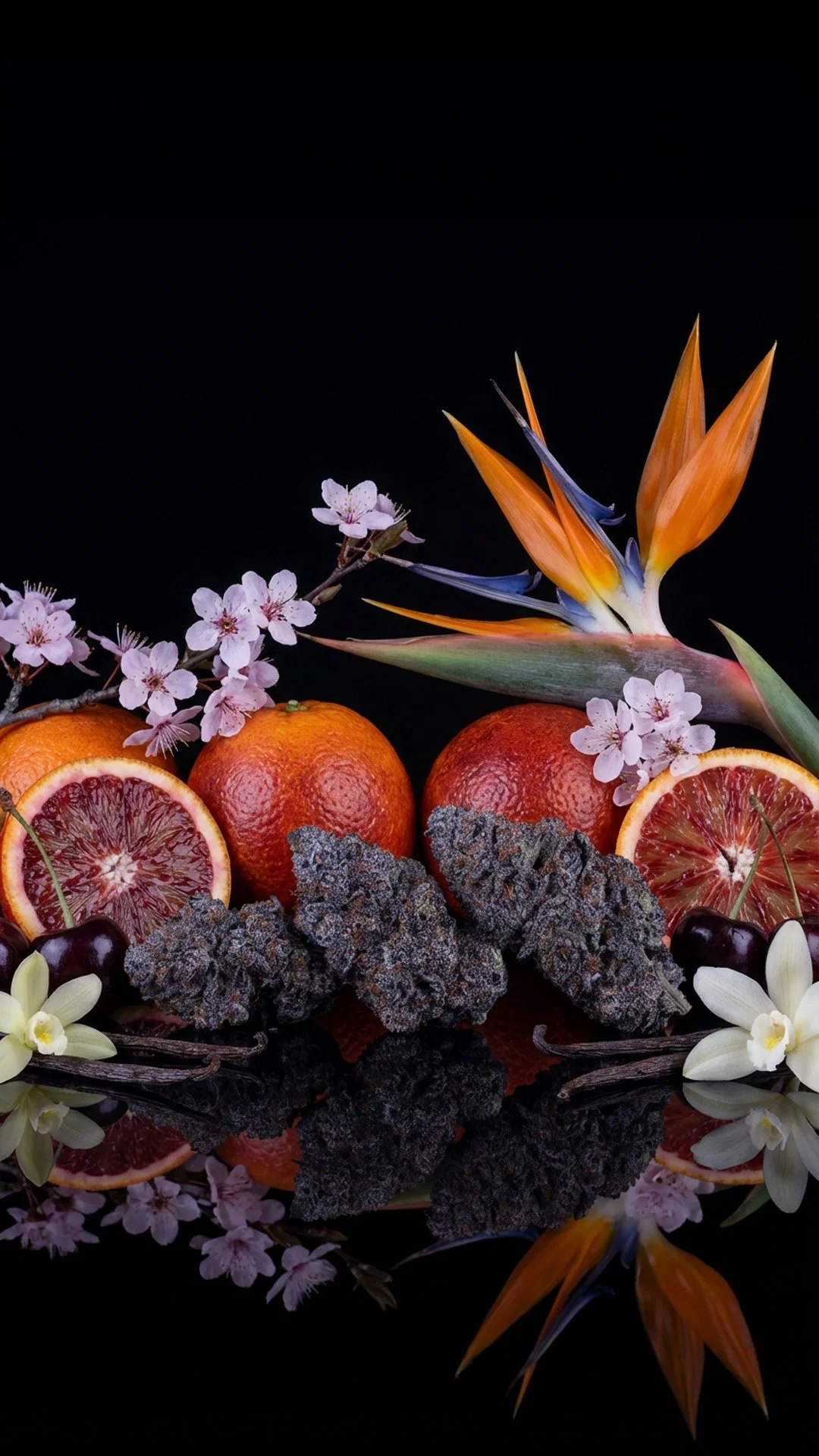 Arrangement of blood oranges, a bird of paradise flower, cherry blossoms, blackberries, and white orchids against a black background with a reflective surface.