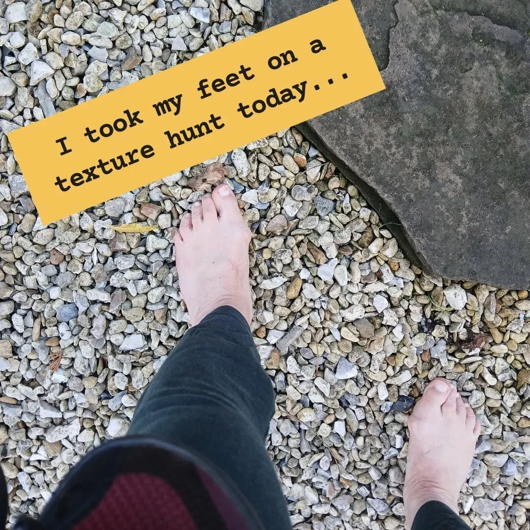 Autumn foot adventure in the park, out on a texture hunt...
Lots of new sensory inputs to enrich my feet-body-brain-mind-me.
Cold, wet, lumpy, squishy, scratchy, warm, smooth, fuzzy, slippy, frothy.
I got some curious looks. 
Kids asked parents i