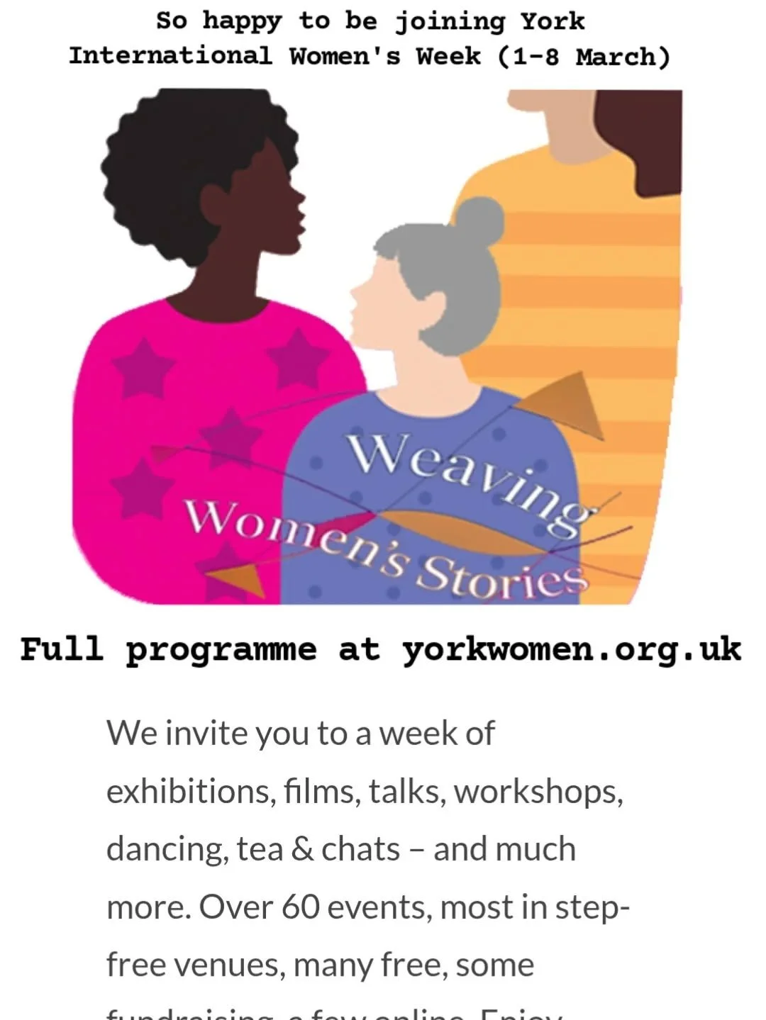 Happy to be joining the legendary York International Women's Week this year.

👩&zwj;🔬
What a packed, varied programme they have devised. Crafts, films, dance, eco education, book clubs, open mic, photography, women of science &amp; history...

💫
W