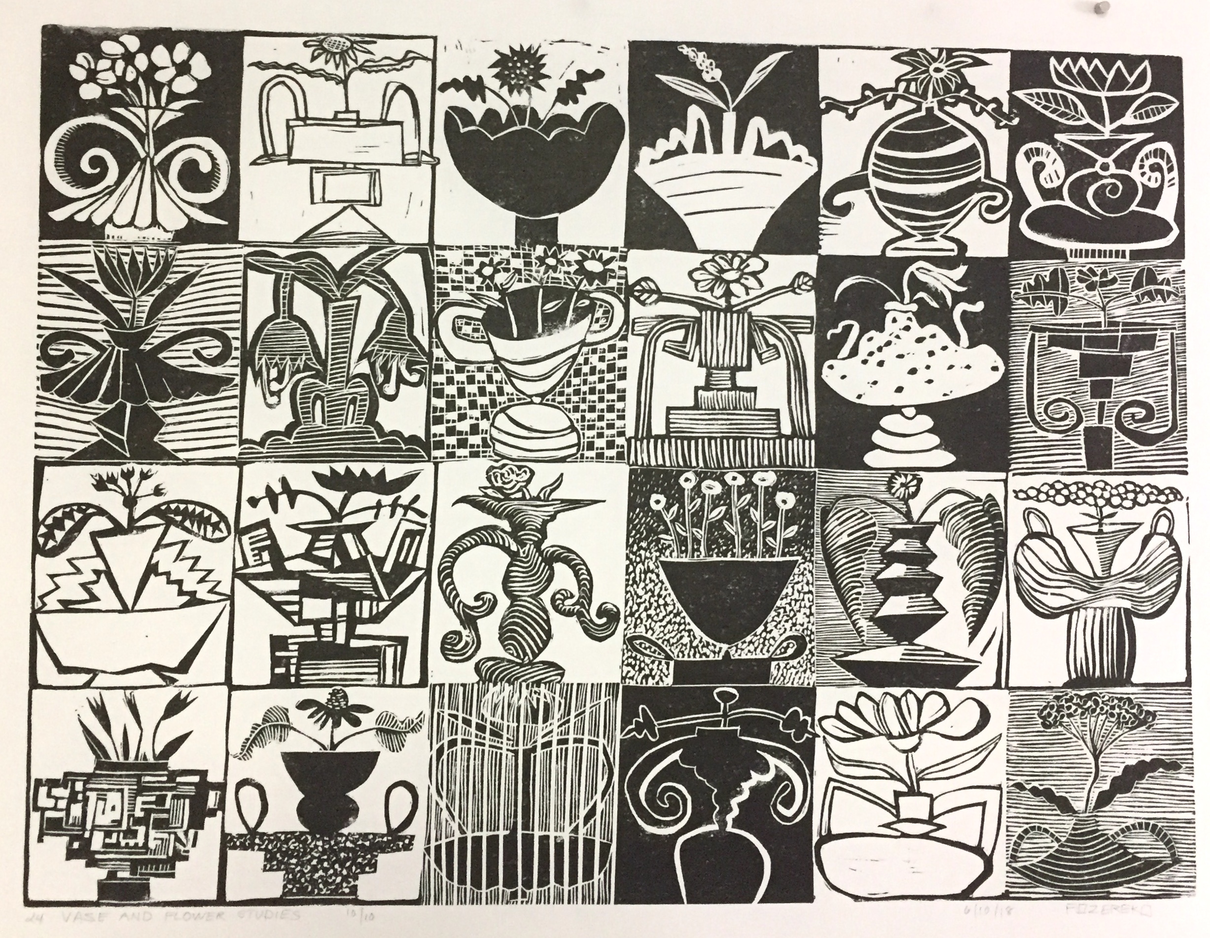 This is my latest linocut entitled "24 Studies of Vases and Flowers". It is 18" x 24" , printed in an edition of ten.