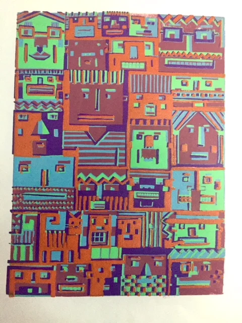 Latest version of the next Blockheads. I am getting the registration I want in this print but I notice that some of the earlier prints in the series were more easily read and understood with less activity. I am beginning a new print in oil ink and will see if I can can color/accuracy of registration/ less activity to come together. Some similar information: edition of @ twelve and 12" x 16".