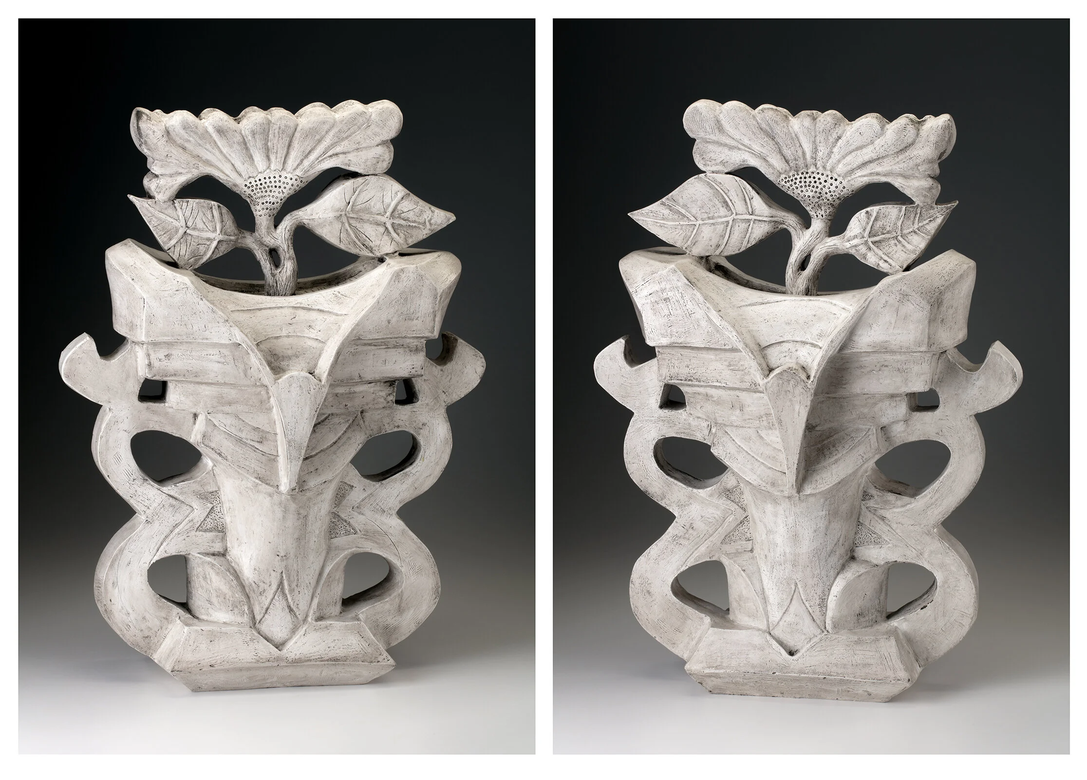 This new vase is a little smaller than the other on this page. I used oil paint and waxed the surface. I like the results and may do it again on other pieces when it is appropriate. However it is interesting to see a highly shiny piece next to a matte surfaced one. Side by side, they enhance each other. Both images were photographed by John Polak. Always a pleasure to see him do his magic on these difficult pieces.