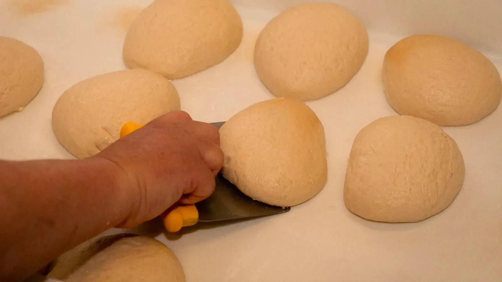 A dough scraper lifts a pizza dough ball from a tray at Night Kitchen.