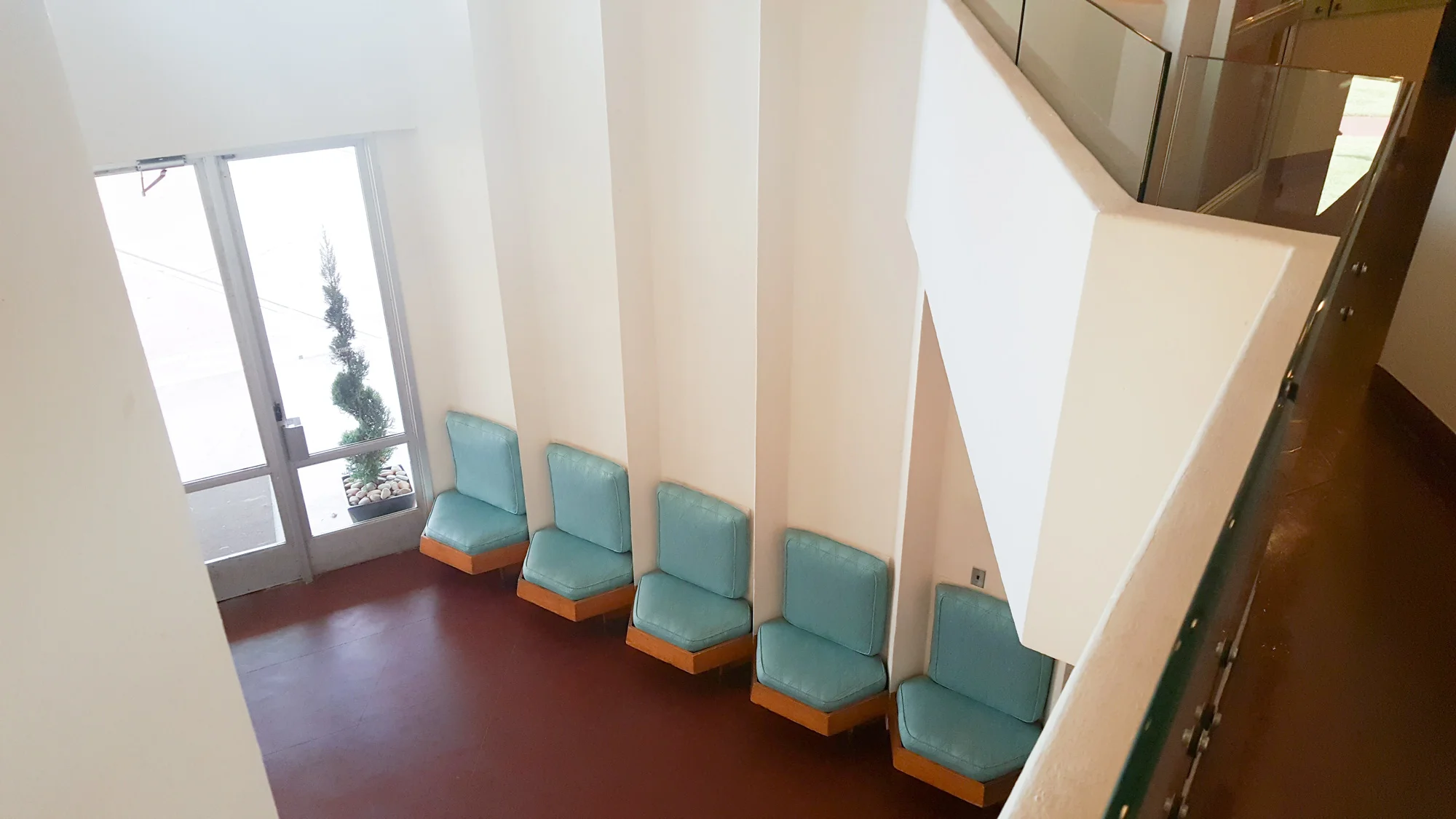 Looking down into the lobby of the Price Tower.