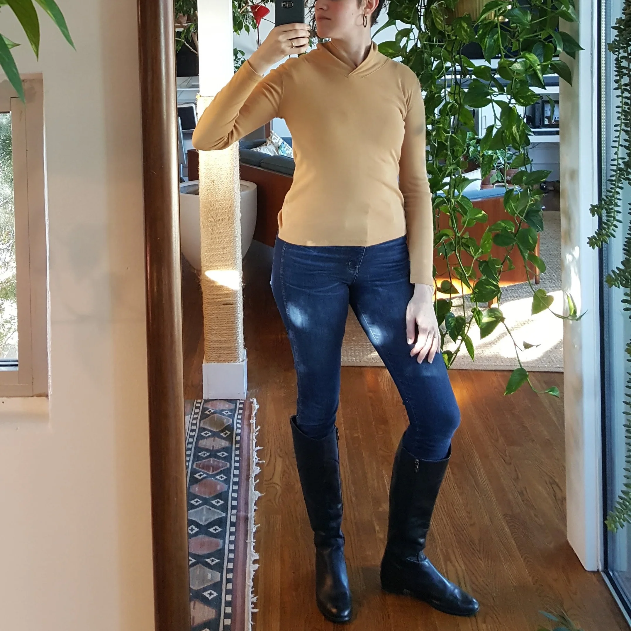 The camel-colored shirt, post-alterations to make it more fitted.