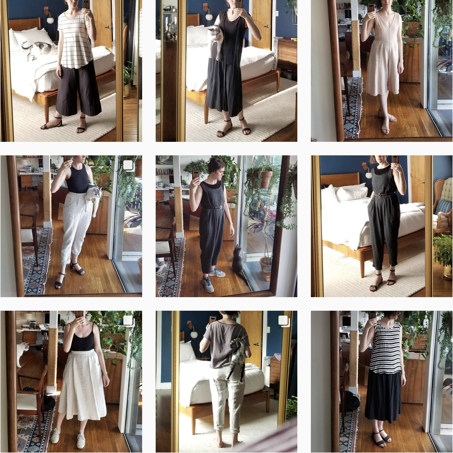 A sample of wardrobe neutralness over nine outfits.