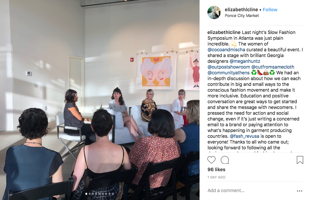 Here's the back of my head at the Atlanta Slow Fashion Symposium, second from L. Photo from Elizabeth Cline .