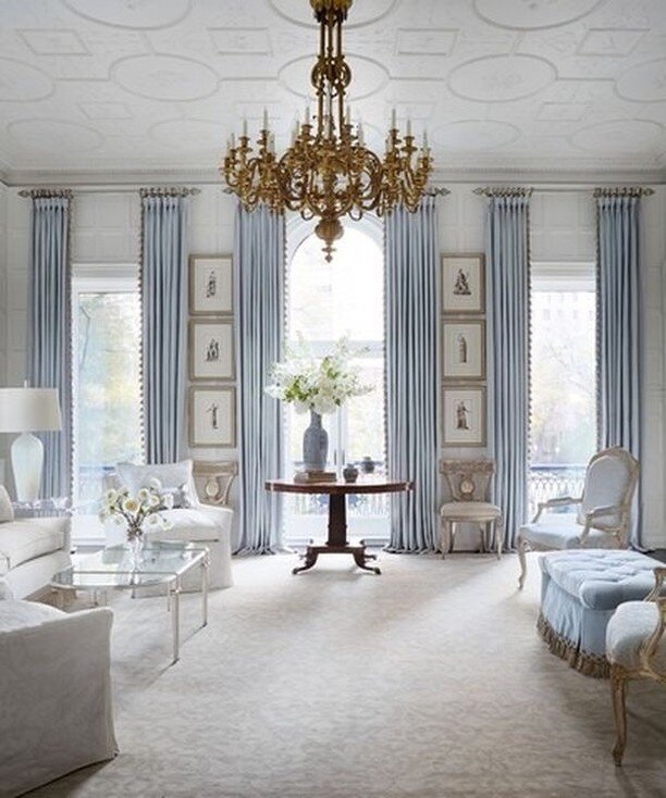 A pastel blue chaise and golden chandelier is all we need. Credit: @pinterest