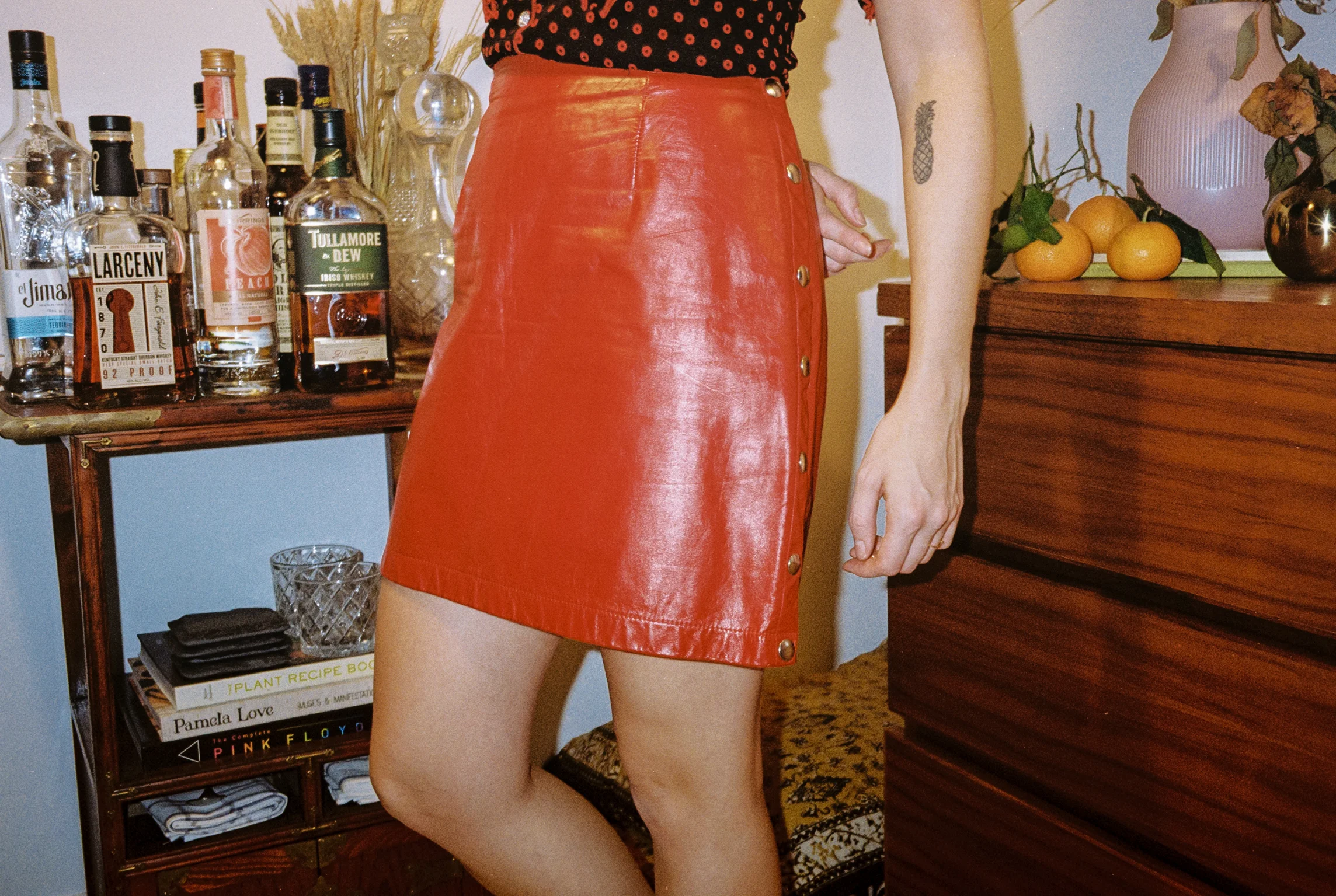 70s Firetruck Red Snap A-Line Leather Mini Skirt