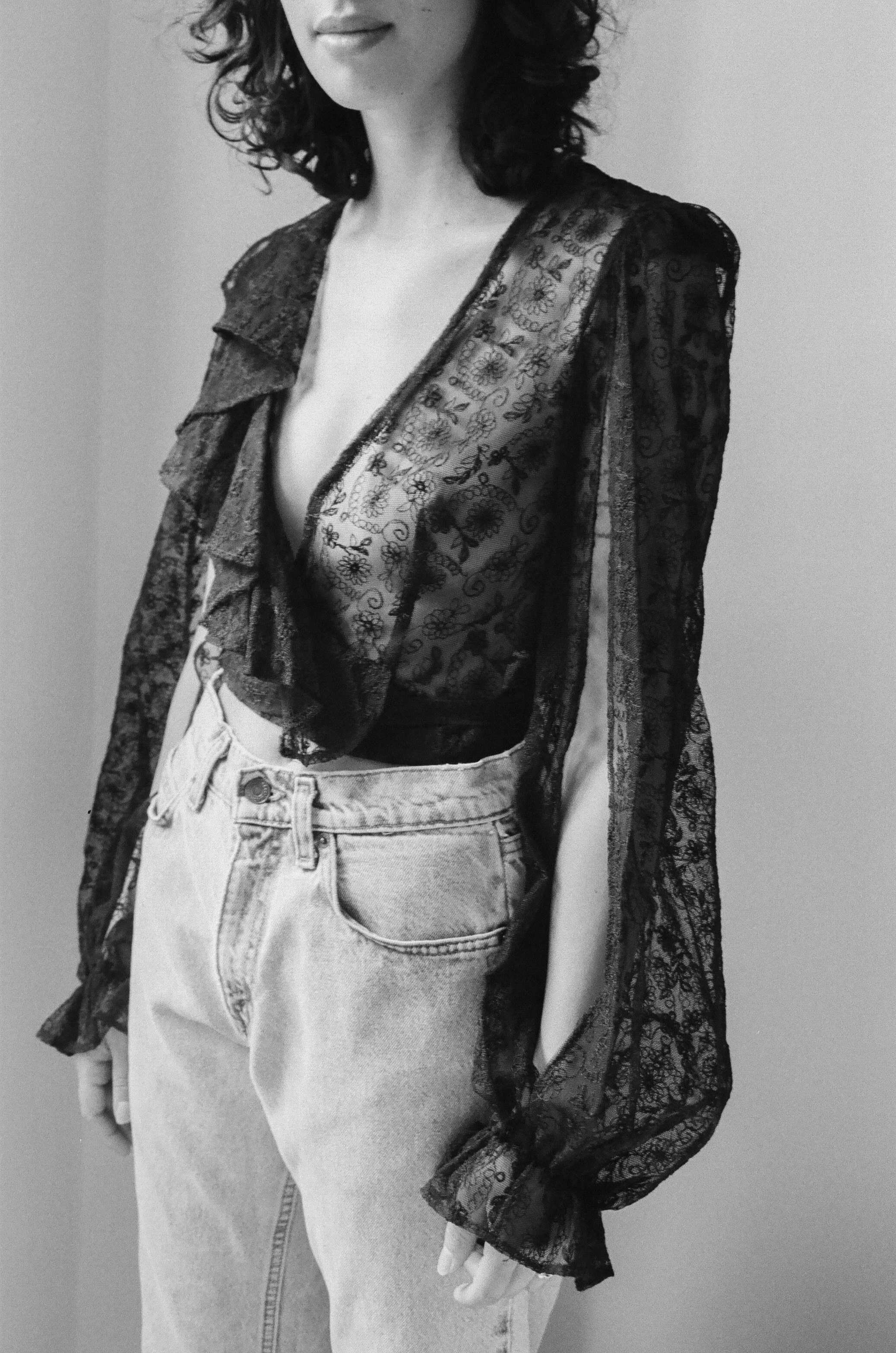 90s Anna Sui Ruffled Black Lace Wrap Top