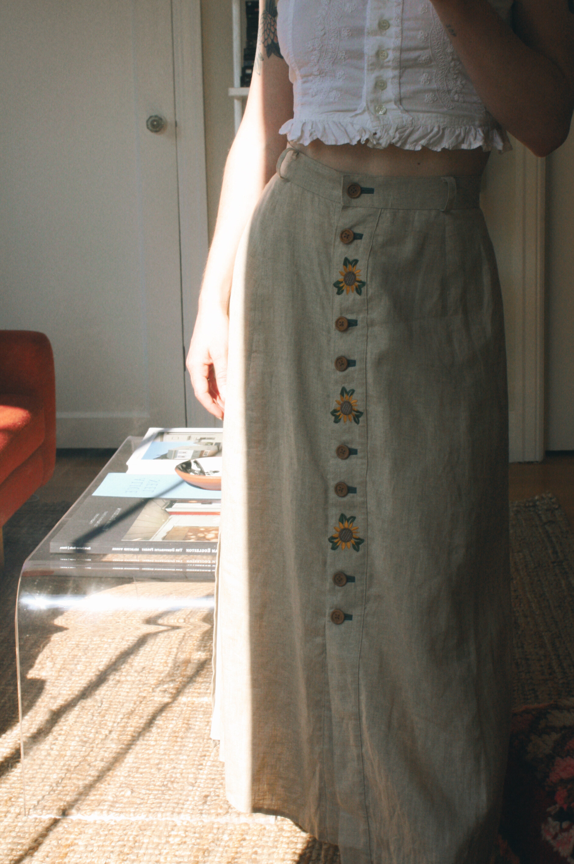 Vintage Linen Sunflower Maxi Skirt