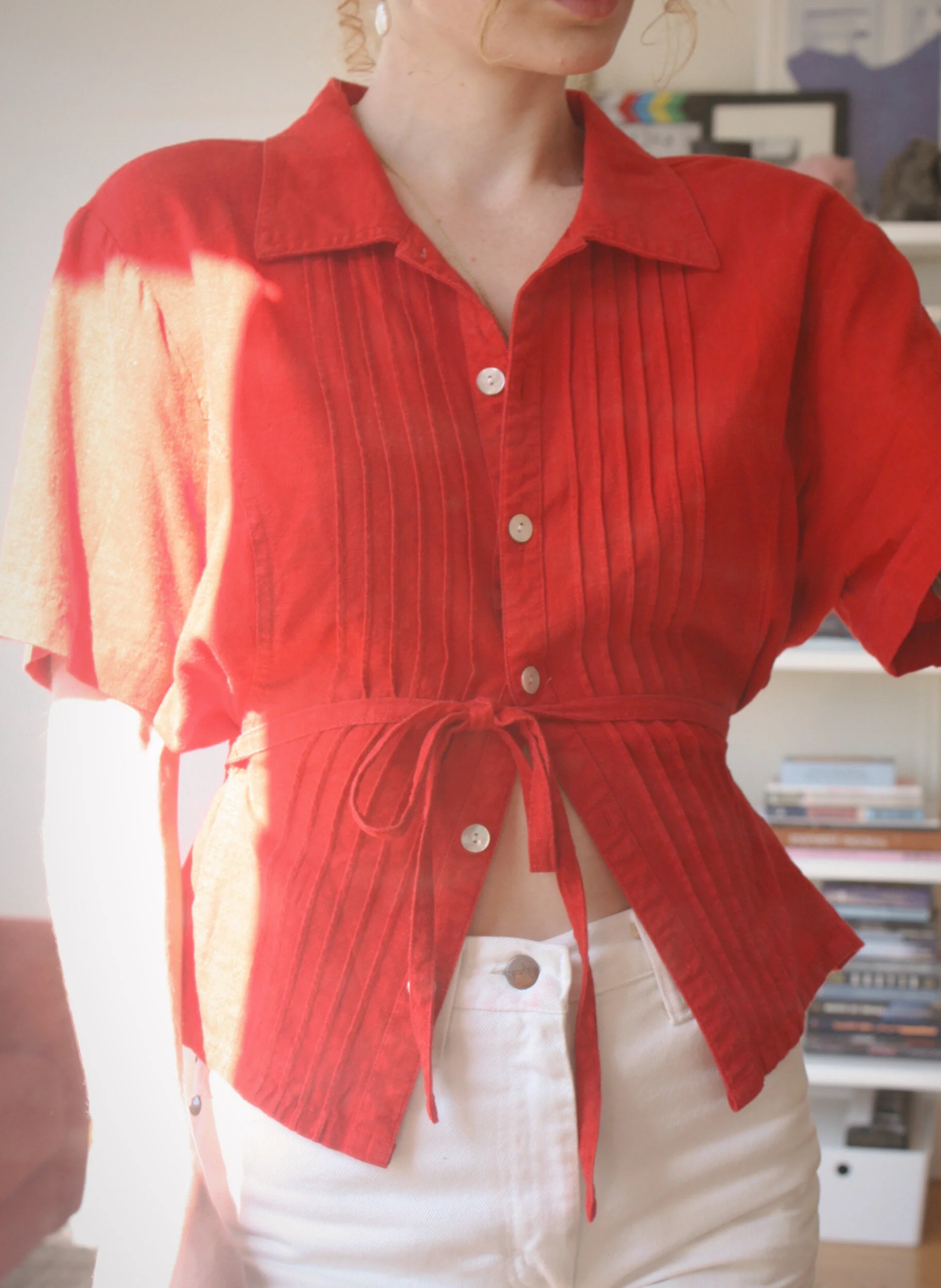 Red Linen Pleated Button Up