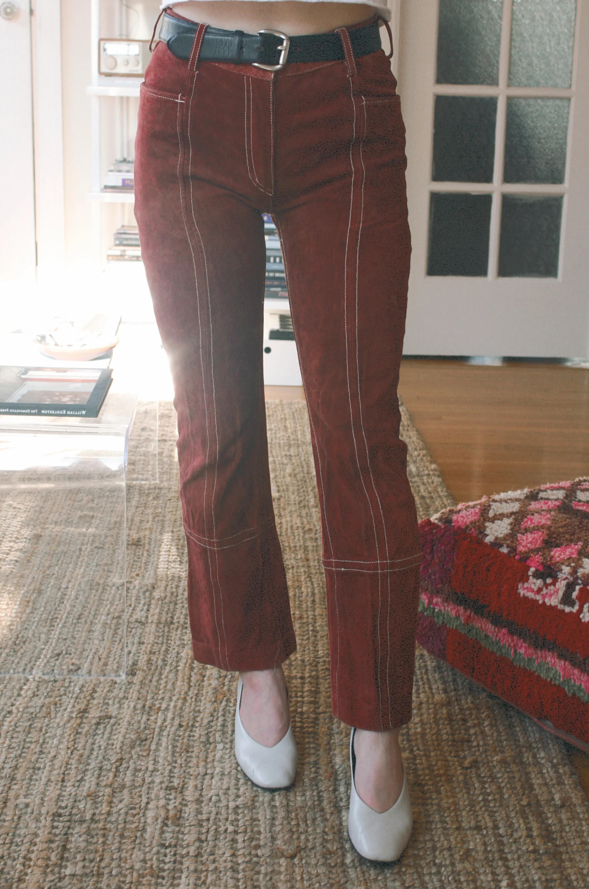 Brick Red Stitched Leather Flare Pants
