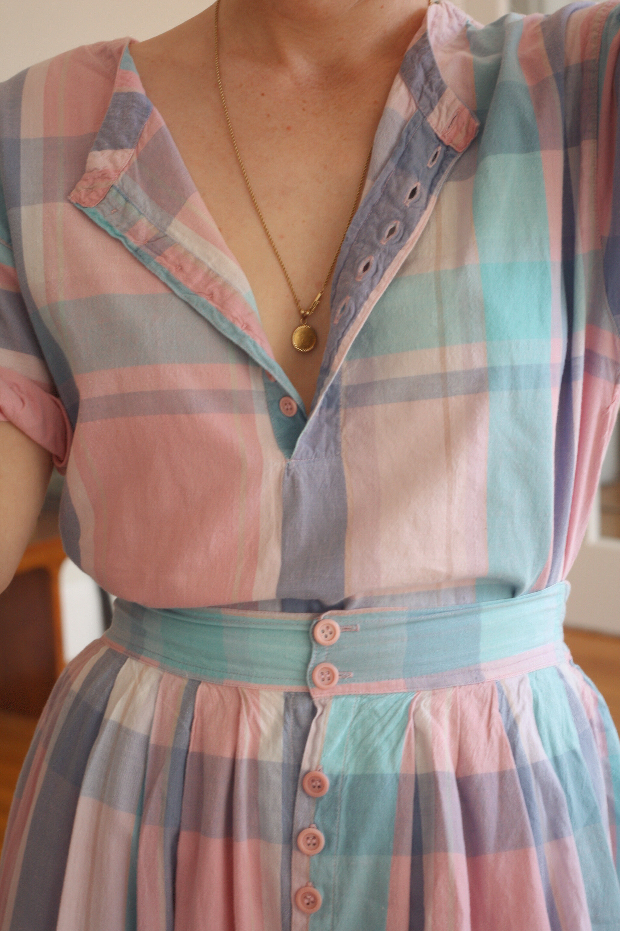 1980's Pastel Plaid Button Up Skirt Set