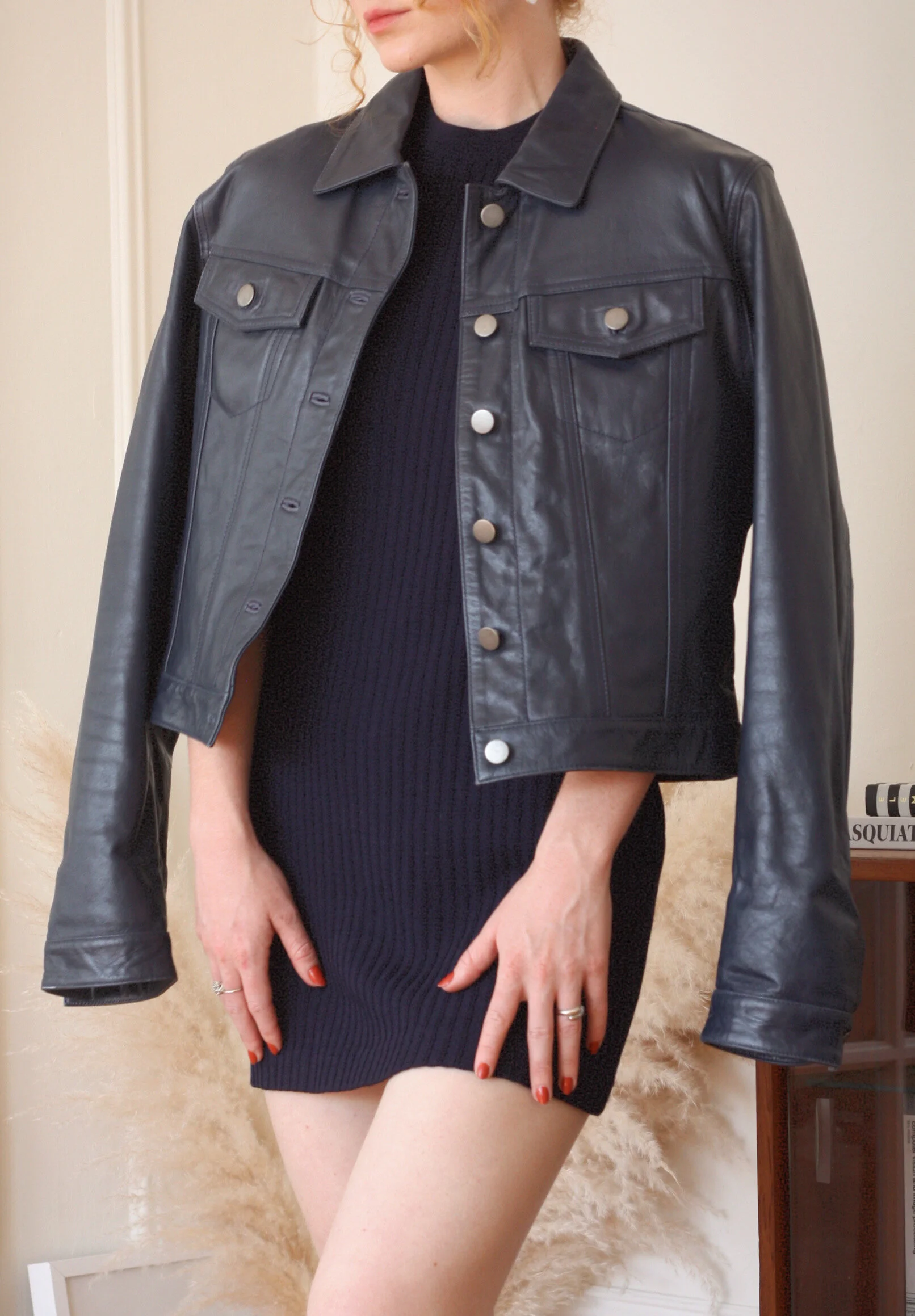Vintage Prussian Blue Leather Trucker Jacket