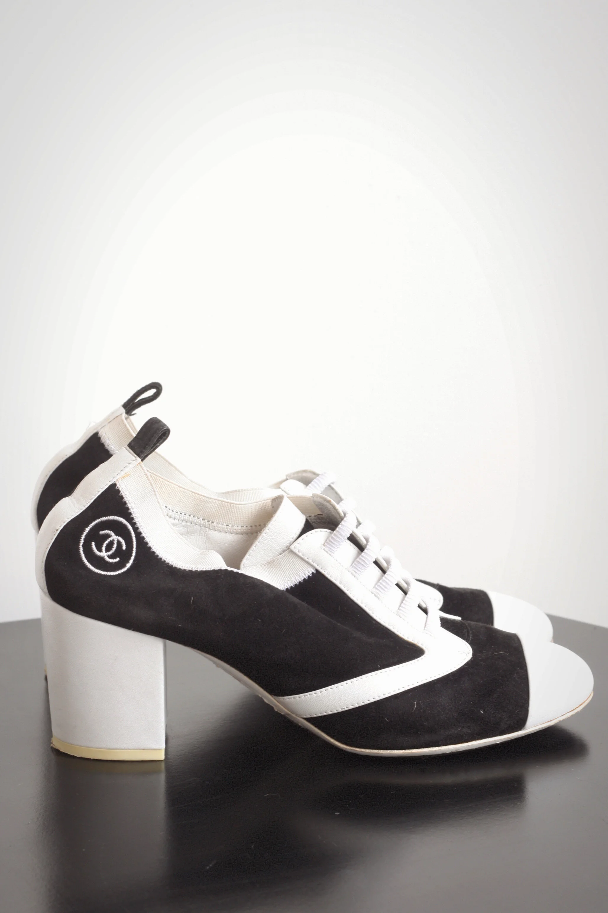 Chanel B/W Leather and Elastic Block Heels