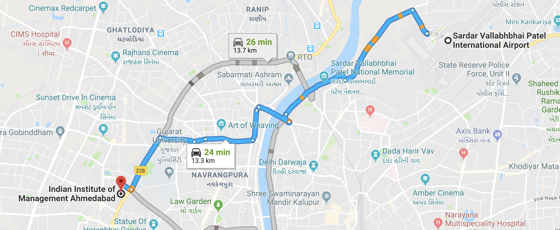 Route from airport to IIM-A