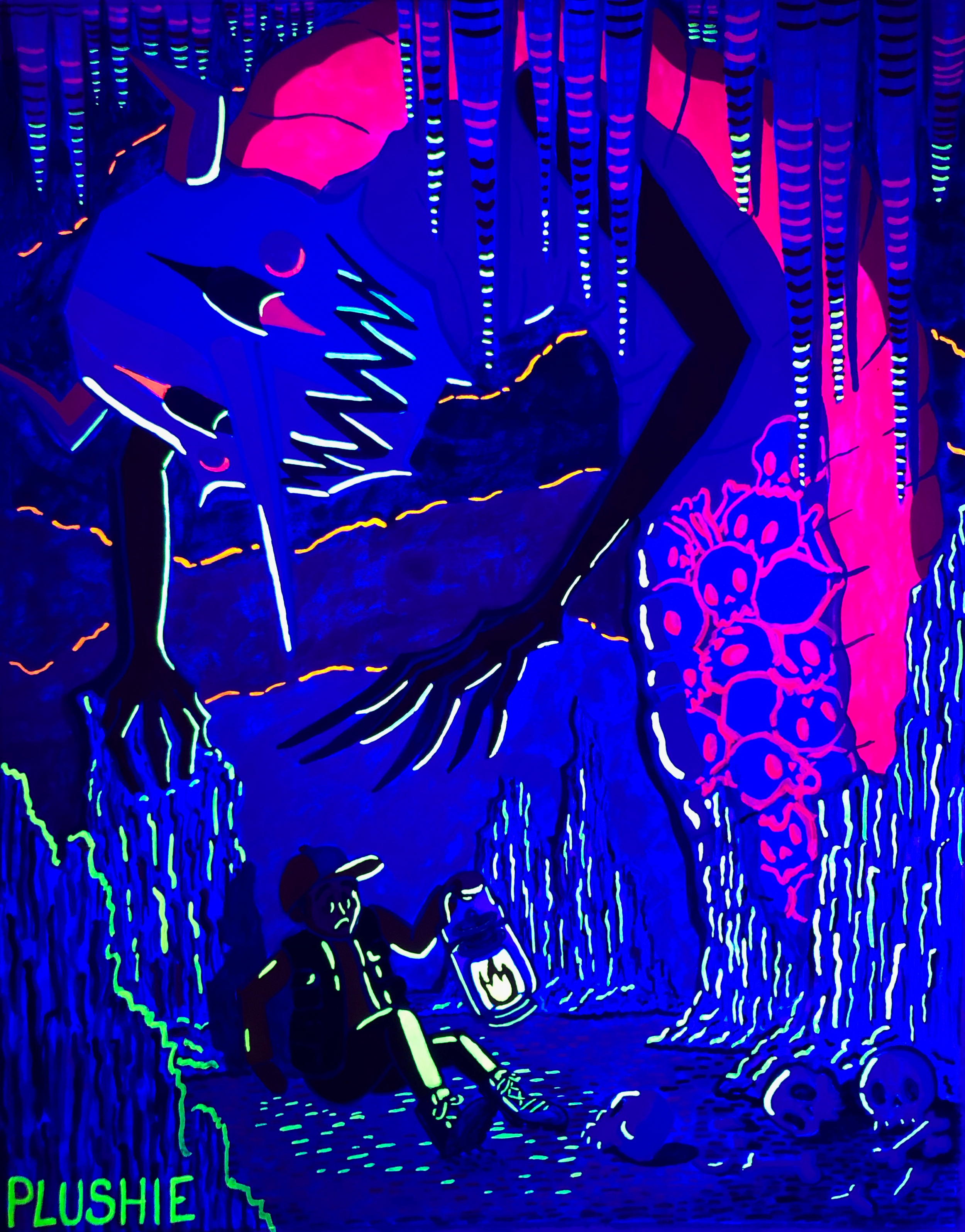  This camper wasn’t prepared to find the horrors of this cave….wait until he turns around! And they glow under a blacklight!   Acryla Gouache  8” x 10”  