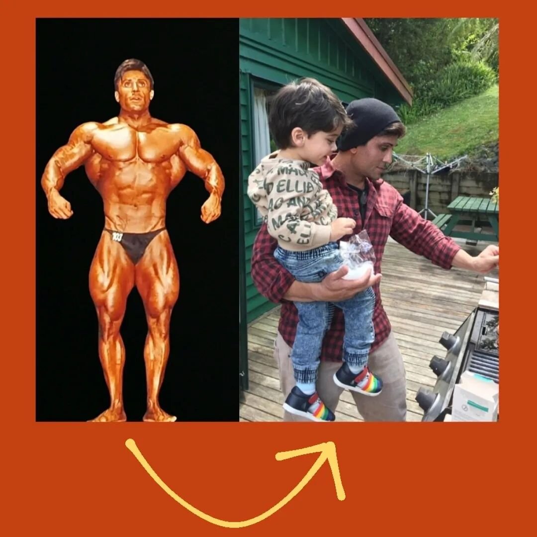 Photo 1 = Couldn't think about anything other than bodybuilding 
Photo 2 = the 2 of us combined  weigh less than the photo #1 guy + way more fat and a whole lot more personality (and dad jokes) 😁