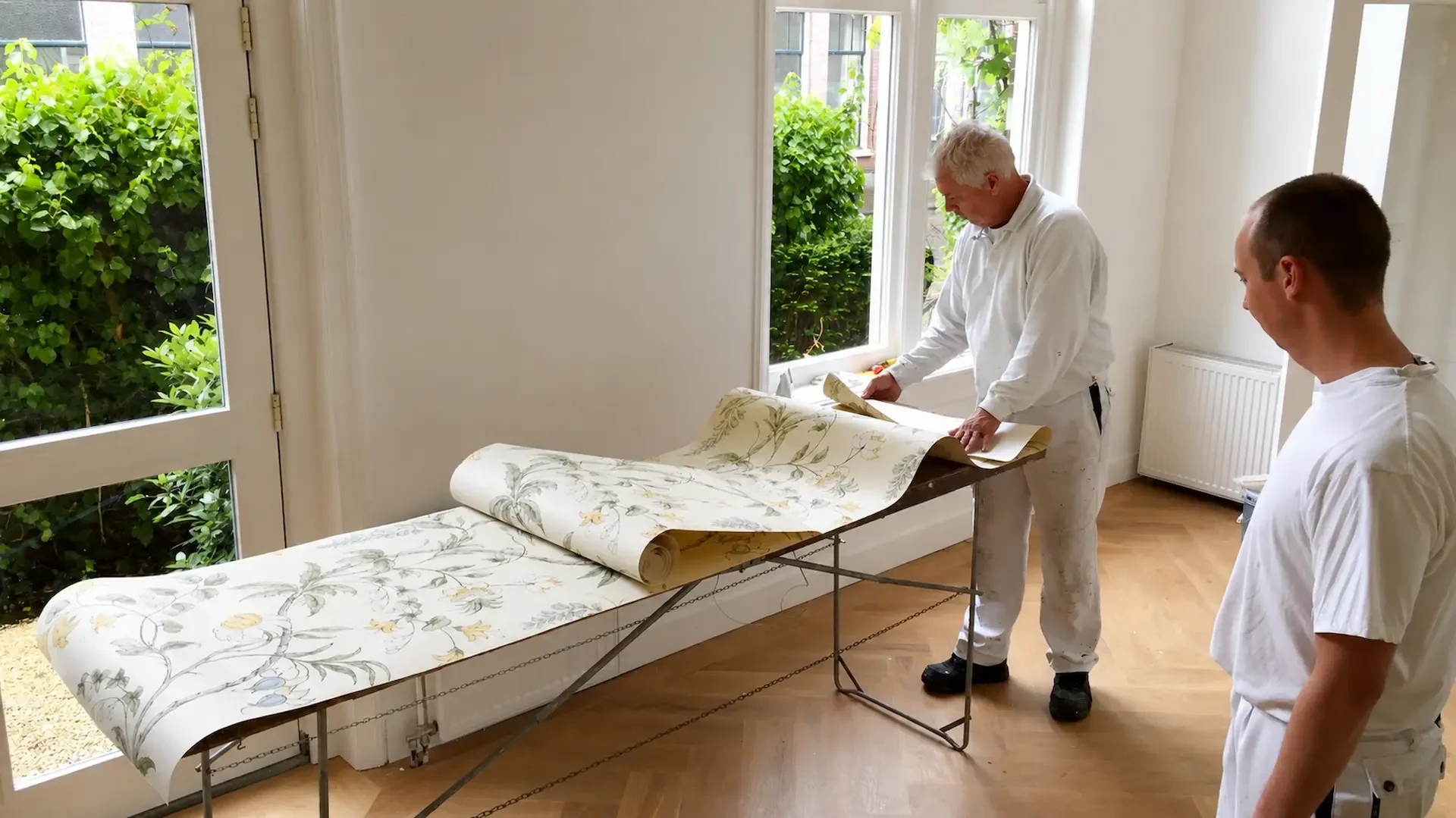 Edward en Mike Asseler tijdens professioneel behangwerk
