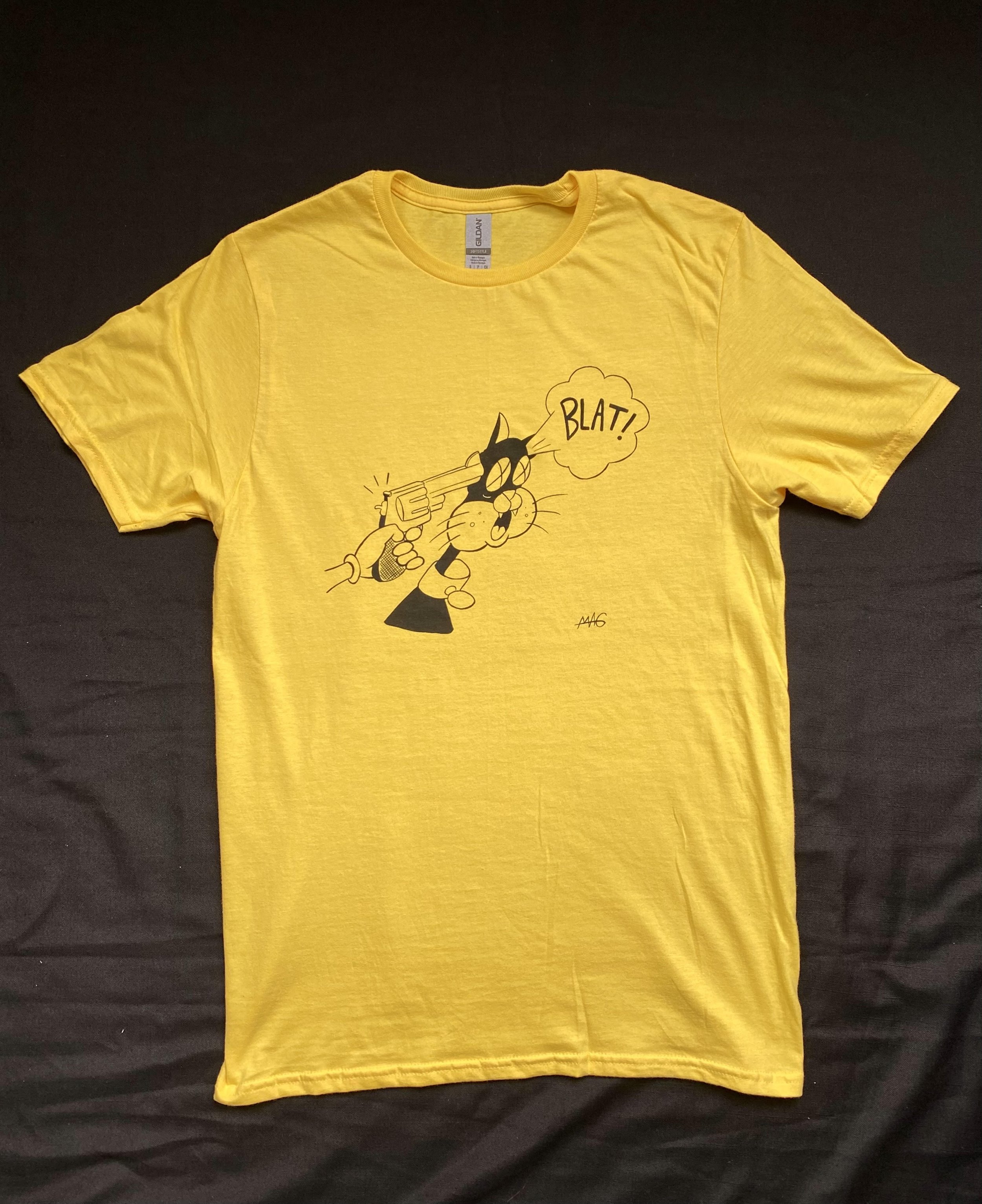 Blat cat T-Shirt - Available here Yellow Gildan 'Softstyle' cotton shirt with black design Printed by Crooked Cartoon