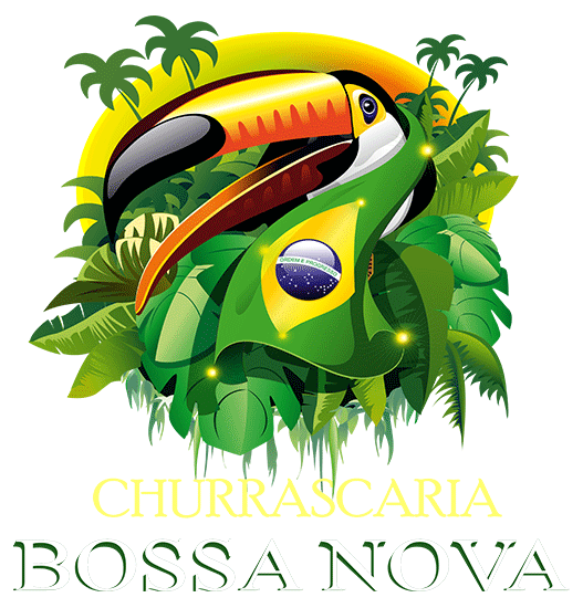 A colorful illustration of a toucan with a Brazilian flag on its chest, surrounded by tropical leaves and palm trees, with the words "Churrascaria Bossa Nova" underneath.