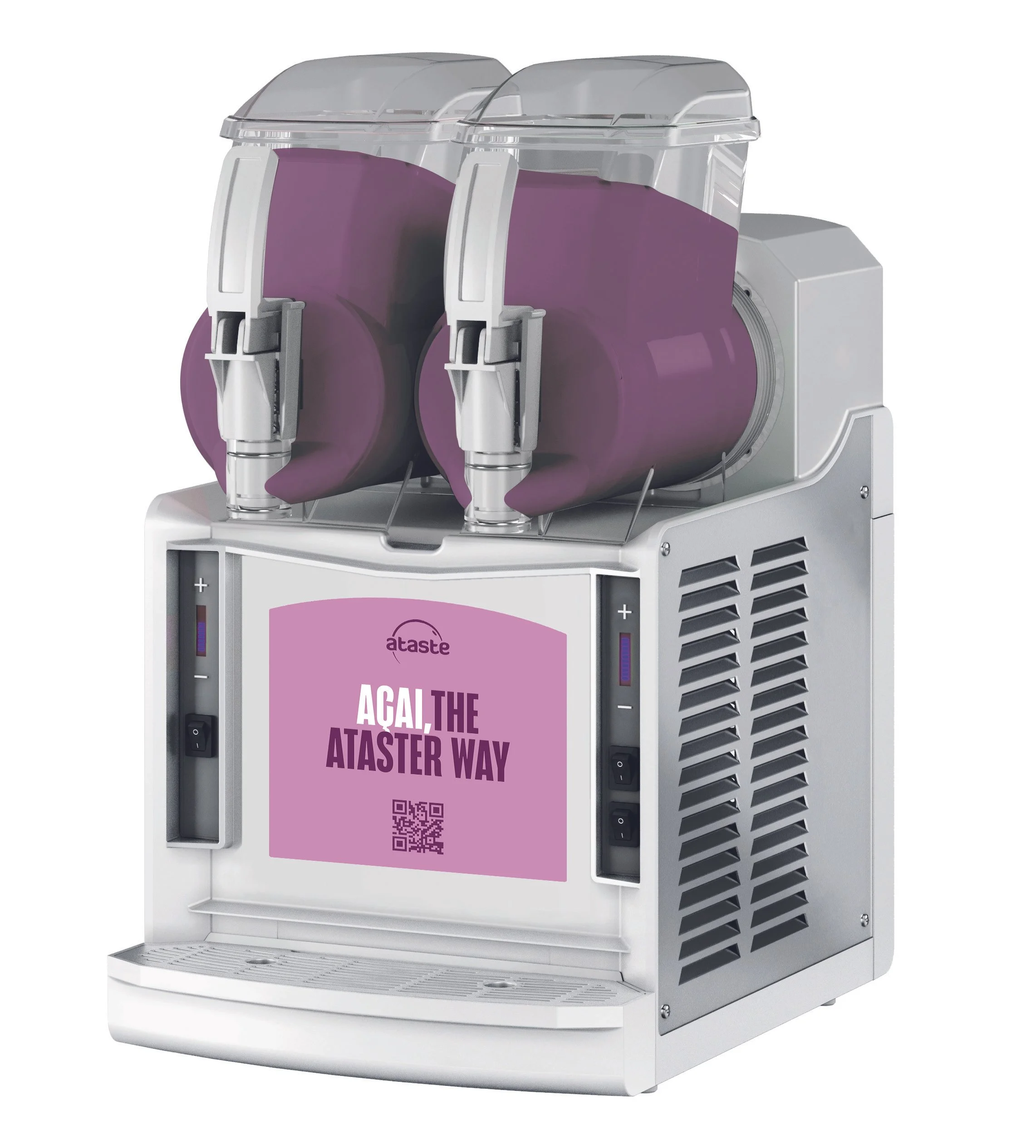 A commercial frozen yogurt or soft serve machine with two taps, purple branding, and digital controls.