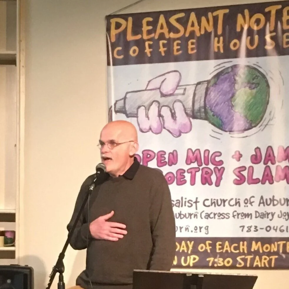 Jim presenting poetry. He resides in Stow, ME.