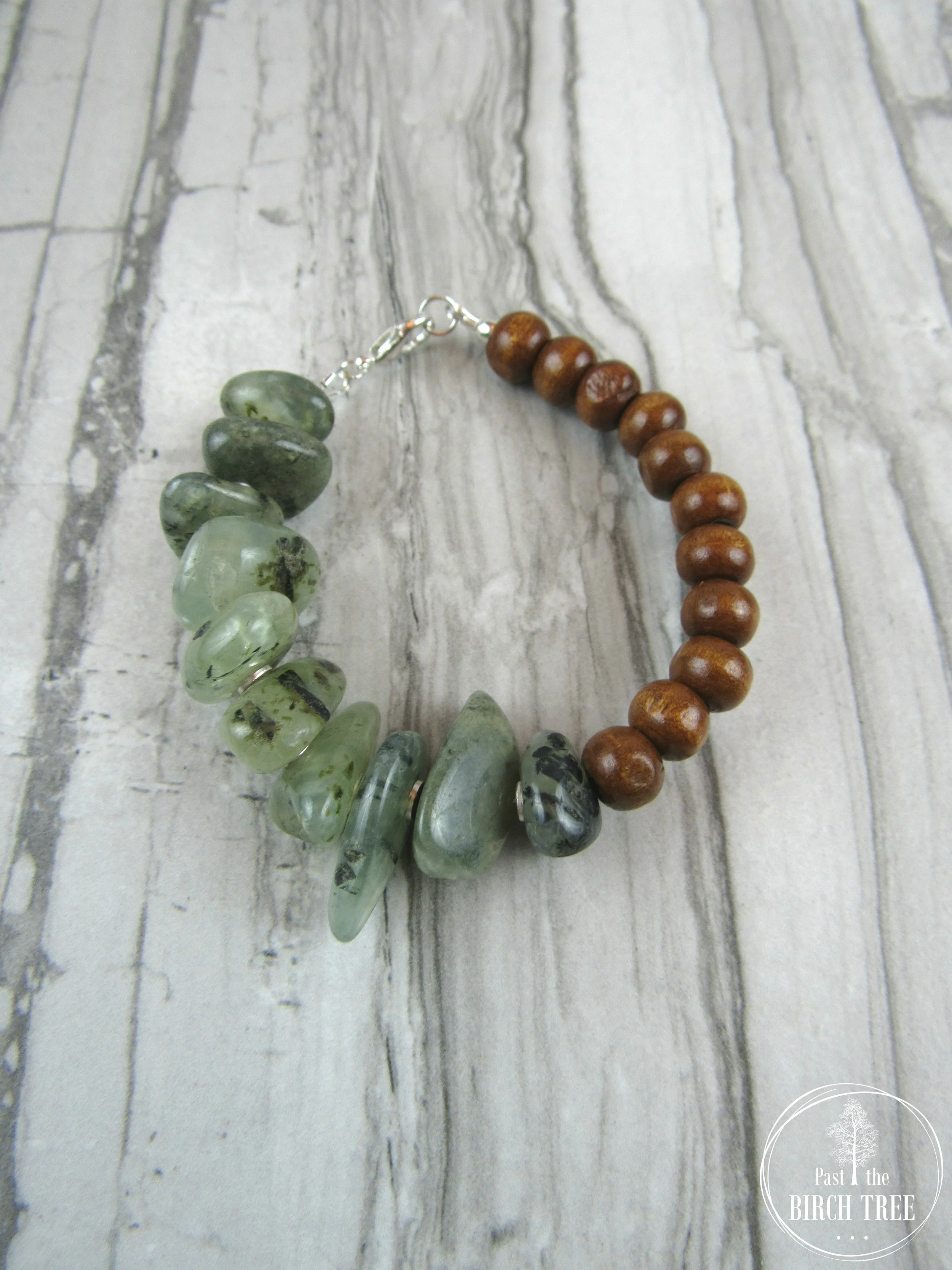 Bracelet featuring Wood Beads with Natural Prehnite Gemstones and Silver Accents